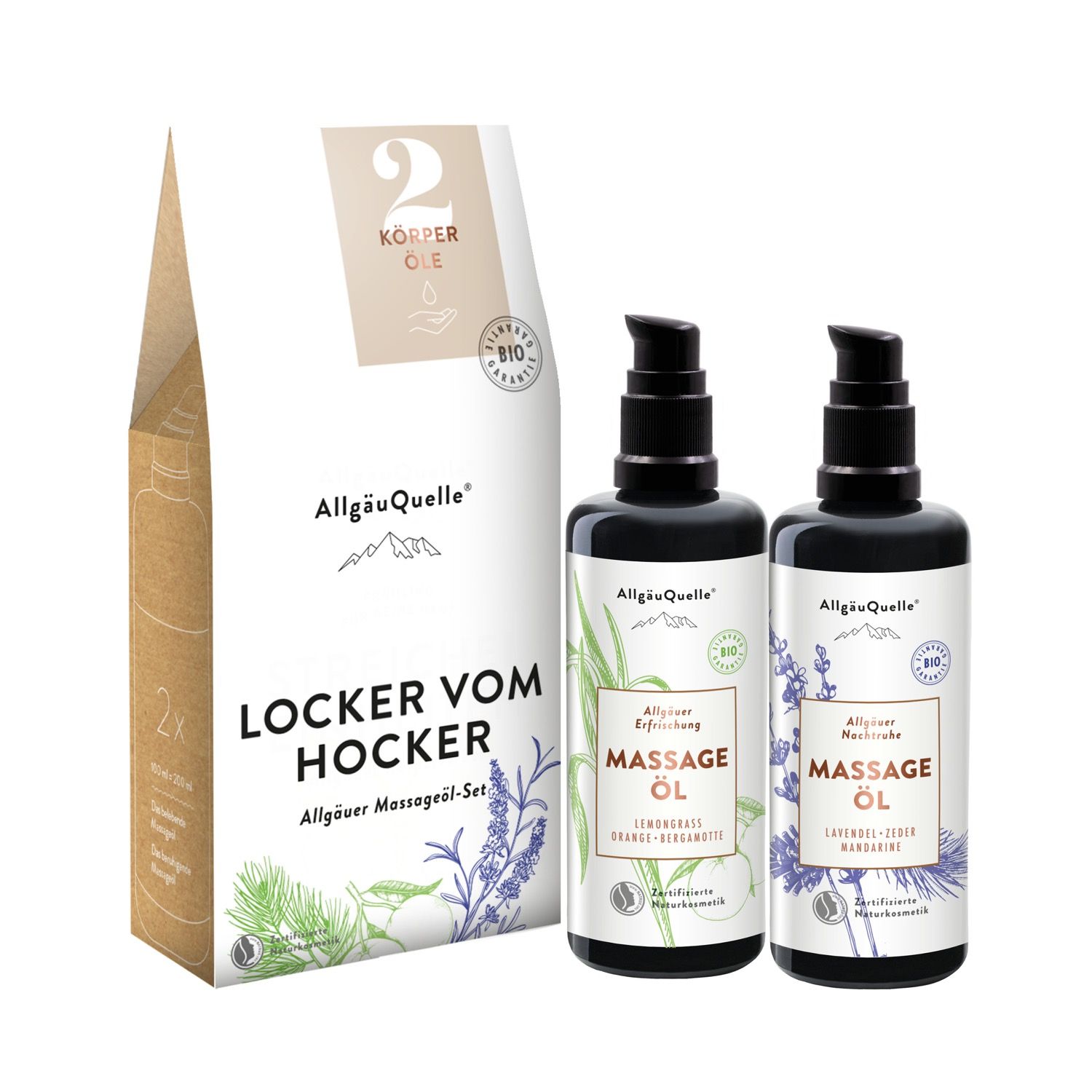 AllgäuQuelle BIO Massageöl-Set mit 100% Bio ätherische Öle Lemongrass, Orange und Lavendel, Zeder