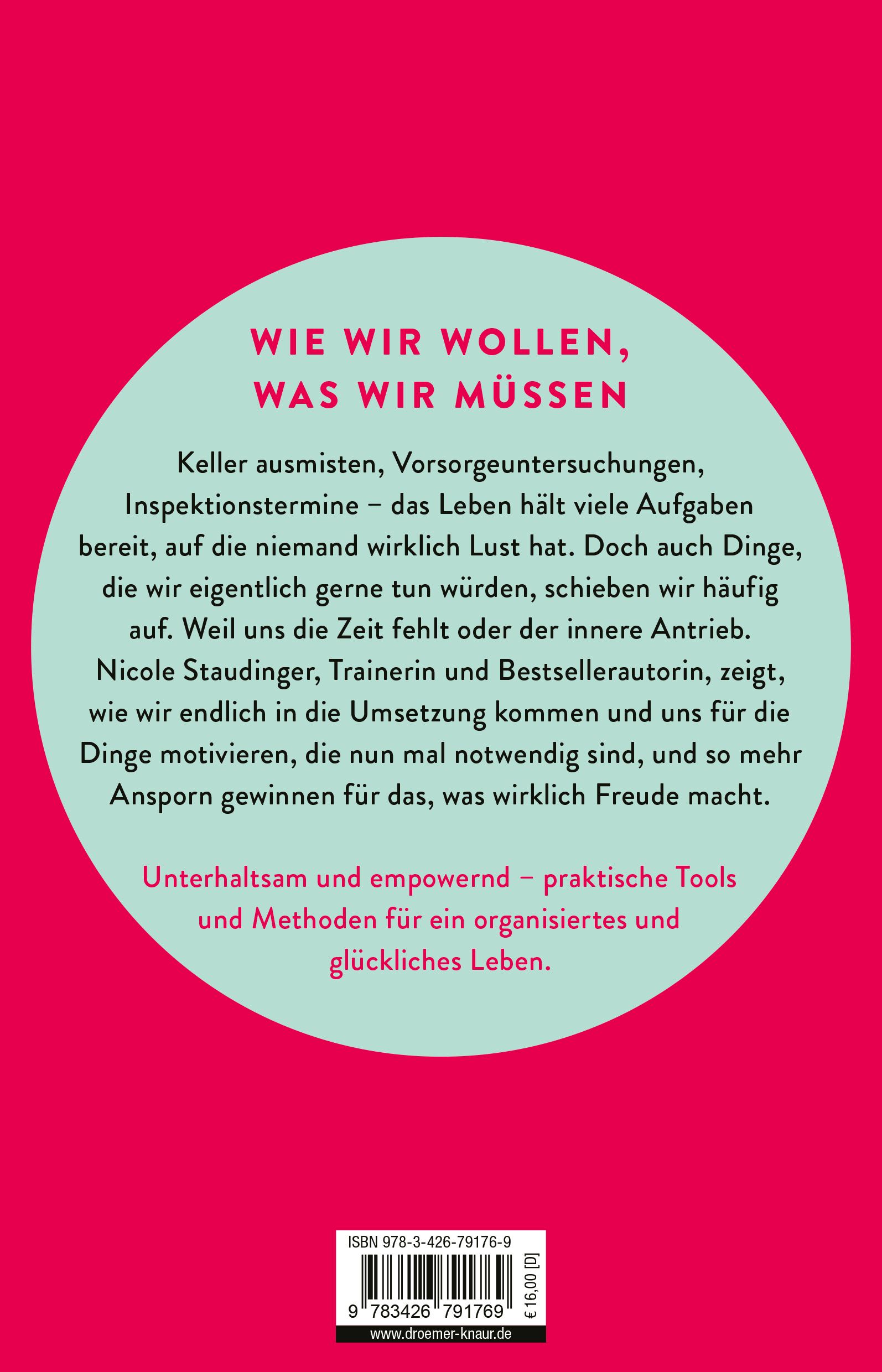 Buchrückseite mit Text in weiß auf rotem Hintergrund. Titel: Wie wir wollen, was wir müssen. ISBN-Code und Preis.