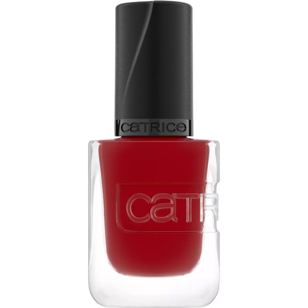 Roter Nagellack in Glasflasche mit schwarzem Deckel. Marke Catrice. Aufschrift auf der Flasche.