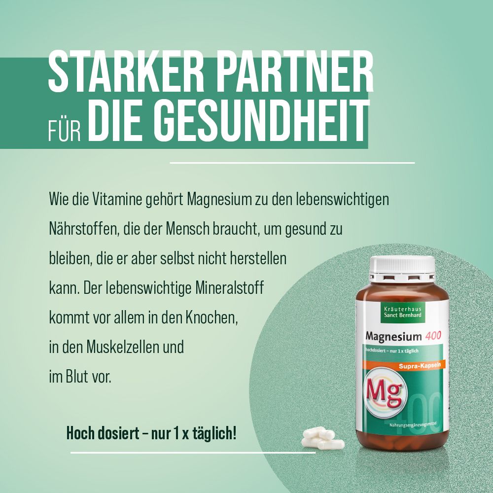 Werbung für Magnesium-400-supra Kapseln. Braune Flasche mit Kapseln daneben. Text: Magnesium ist ein lebensnotwendiger Mineralstoff.