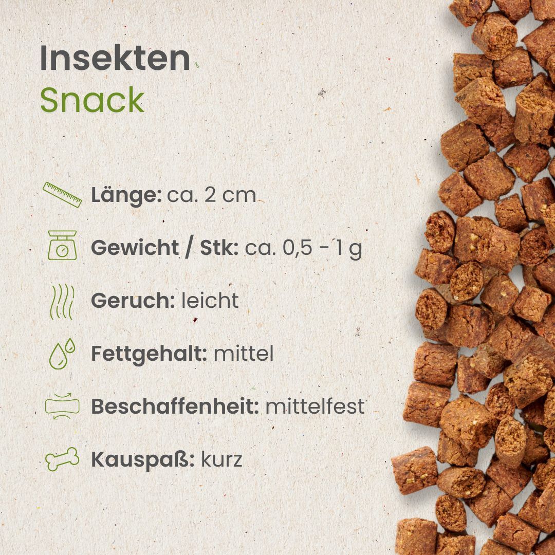 Hundefutter-Beutel mit Insekten-Snack-Pellets. "100% Natural" Siegel.