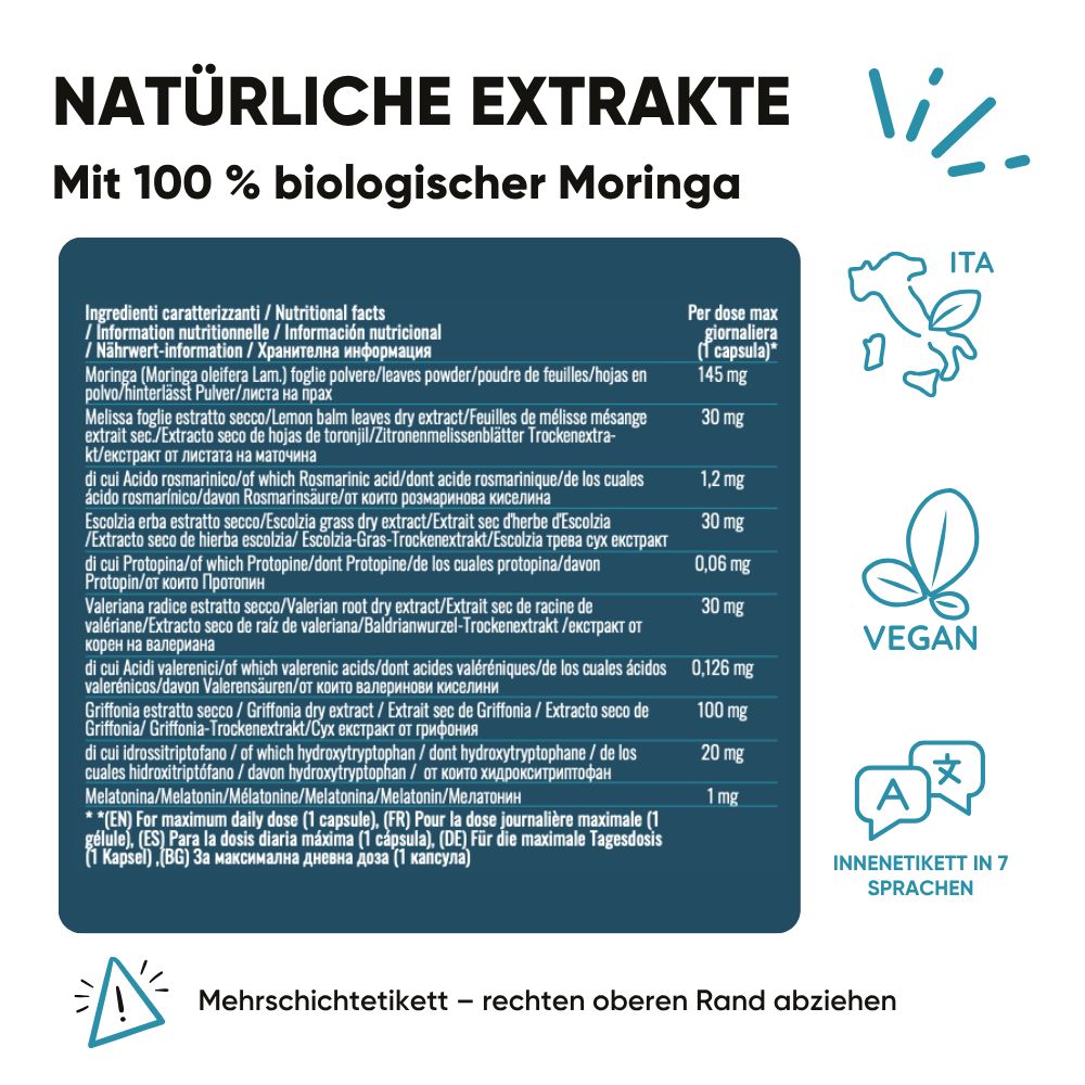 Frau hält eine Flasche RedMoringa Melatonin. 1 Kapsel für mehr Ruhe. Pflanzenkapseln, 21x6 mm.