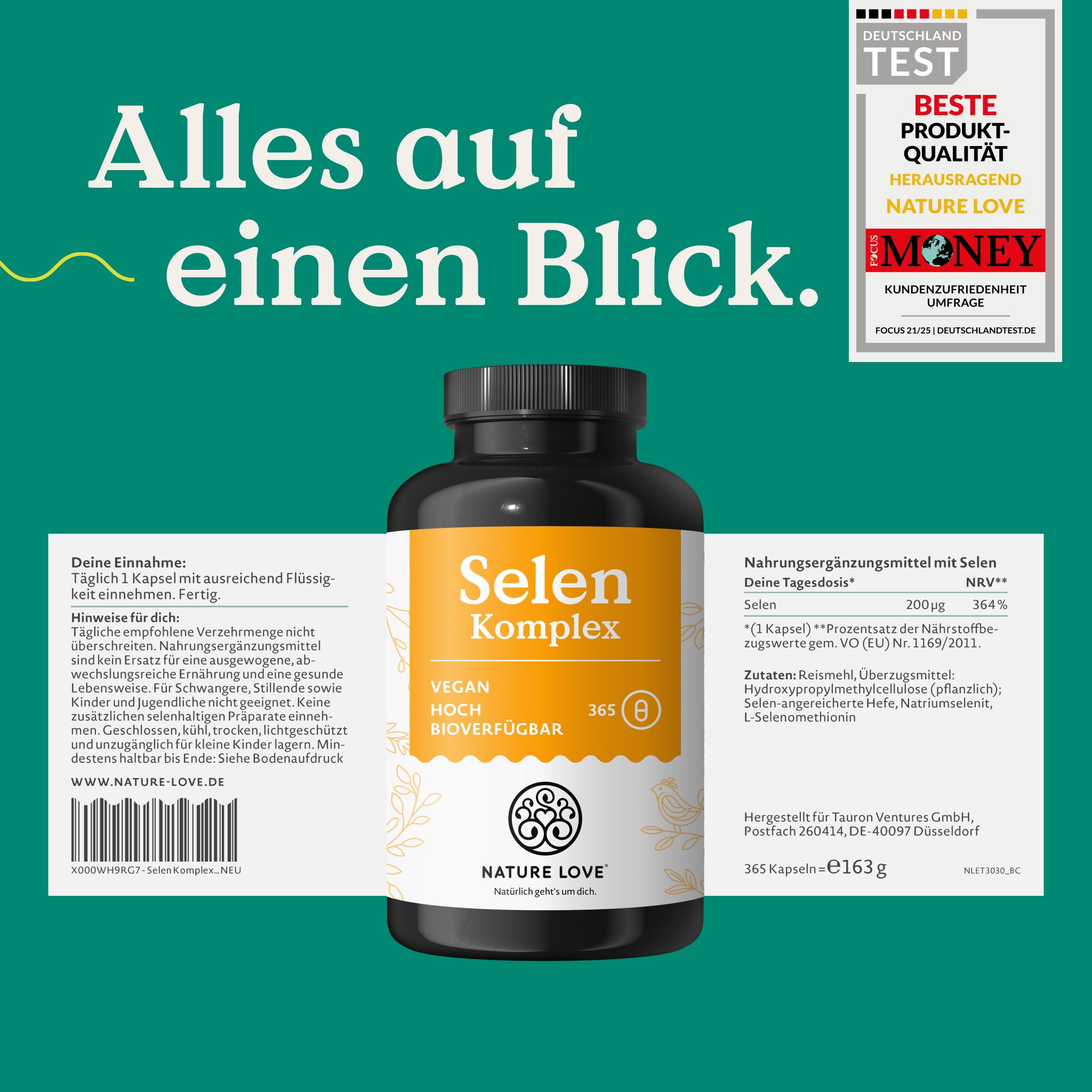 Flasche Selen Komplex mit Etikett, Text: Alles auf einen Blick. Beste Produkt-Qualität.