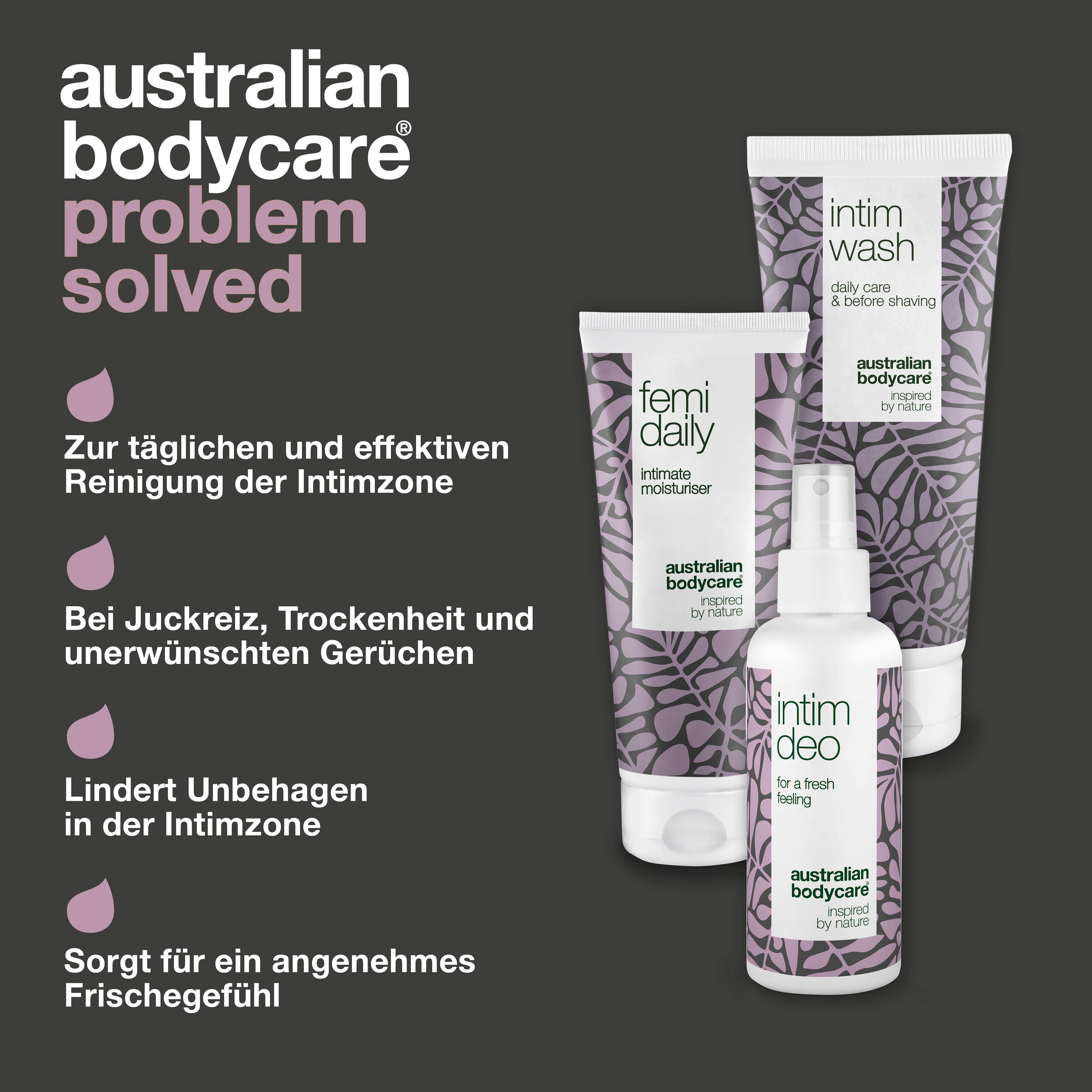 Drei Produkte: Intim Wash, Femi Daily, Intim Deo. Text: Australian Bodycare. Text: Zur Reinigung der Intimzone, bei Juckreiz.