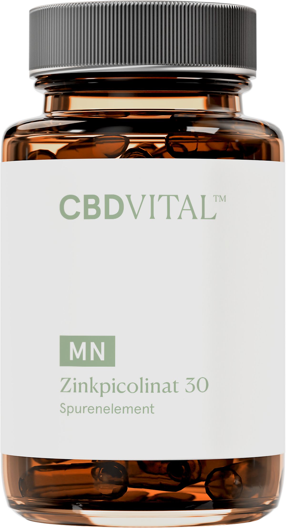 Bernsteinfarbene Glasflasche mit grauem Schraubverschluss, gefüllt mit ovalen Kapseln. Etikett mit 'CBDVITAL', 'MN', 'Zinkpicolinat 30', 'Spurenelement'.