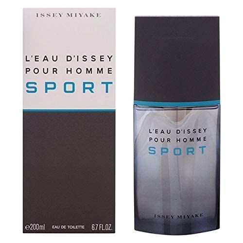 Issey Miyake L'Eau d'Issey pour Homme Sport Flakon und Verpackung. Grauer Deckel, blaue Linie. Schriftzug SPORT.