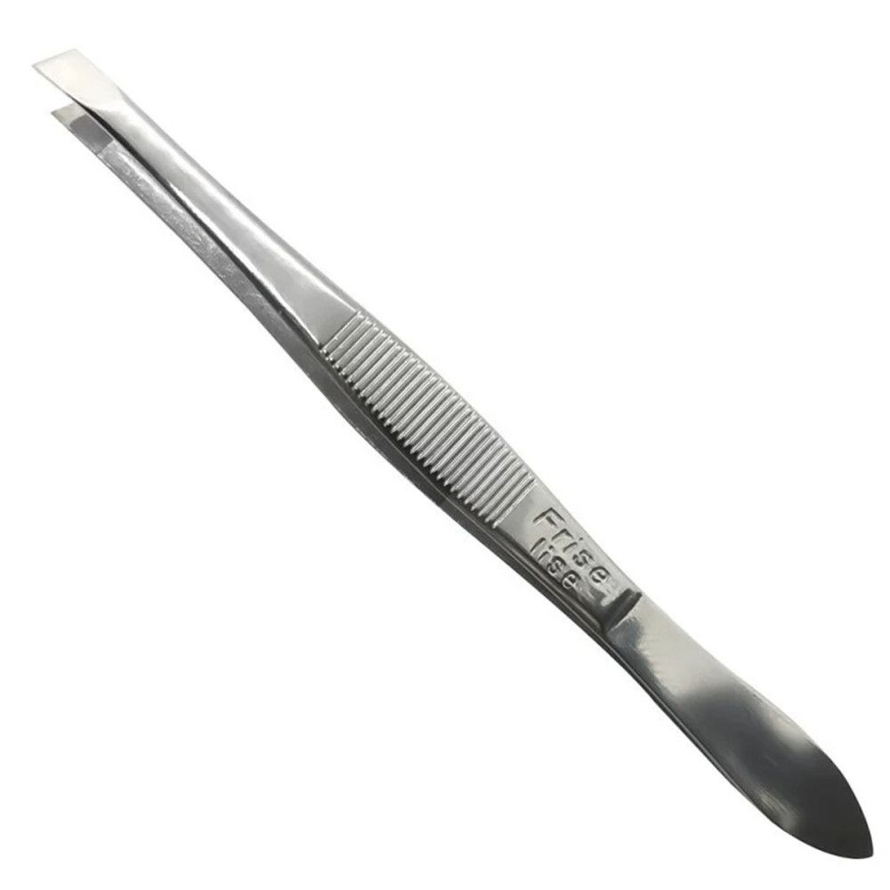 Silberne Pinzette mit geriffelter Mitte und abgeschrägten Spitzen. Aufschrift: Frise Lise.