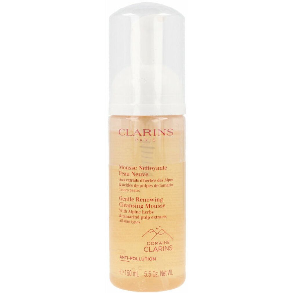 Clarins Gentle Renewing Cleansing Mousse. Flasche mit Pumpverschluss. Klarer Behälter mit gelblicher Flüssigkeit. Text auf Etikett.