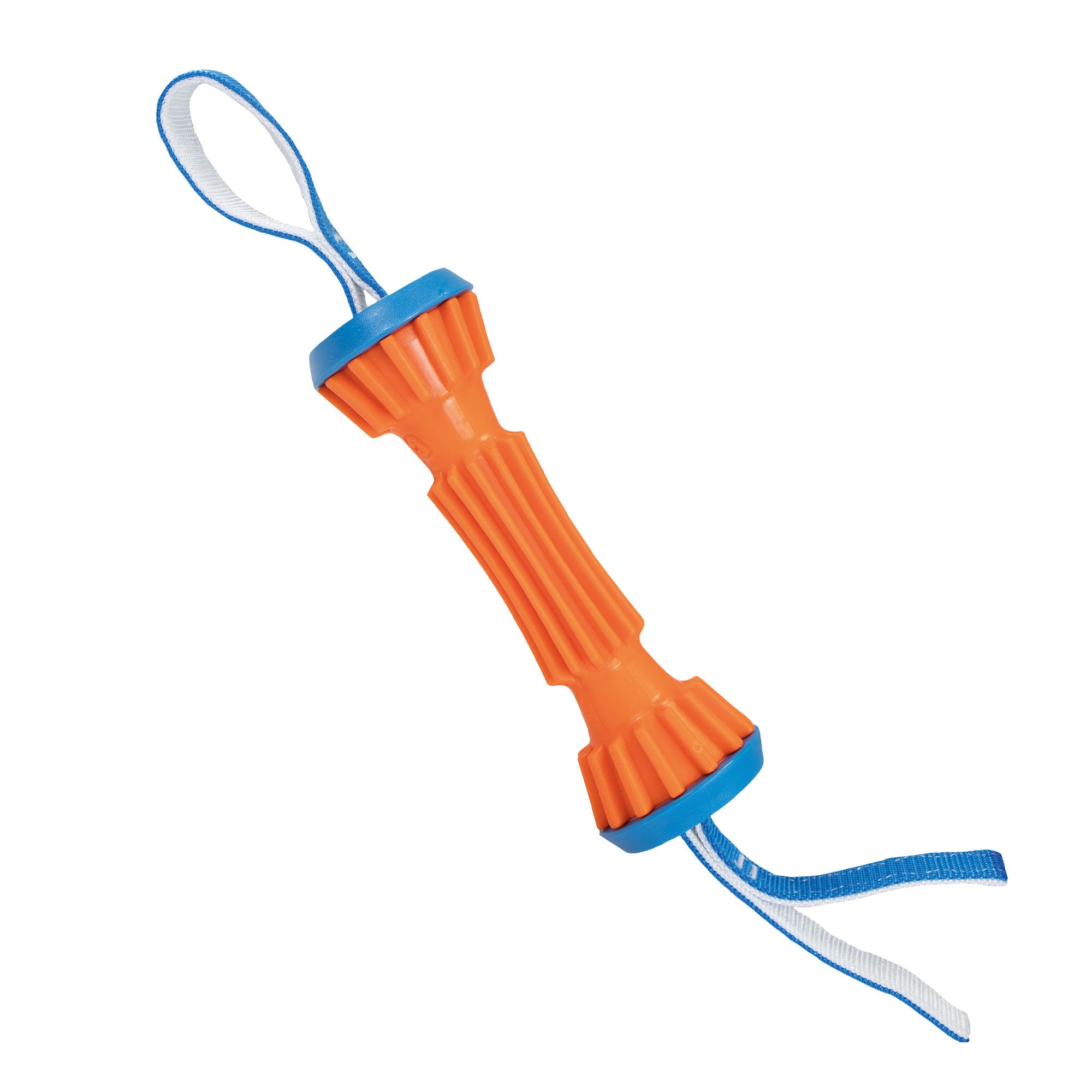 Orangefarbenes Hundespielzeug mit blauen Akzenten und Schlaufen. Robustes, schwimmfähiges Spielzeug.