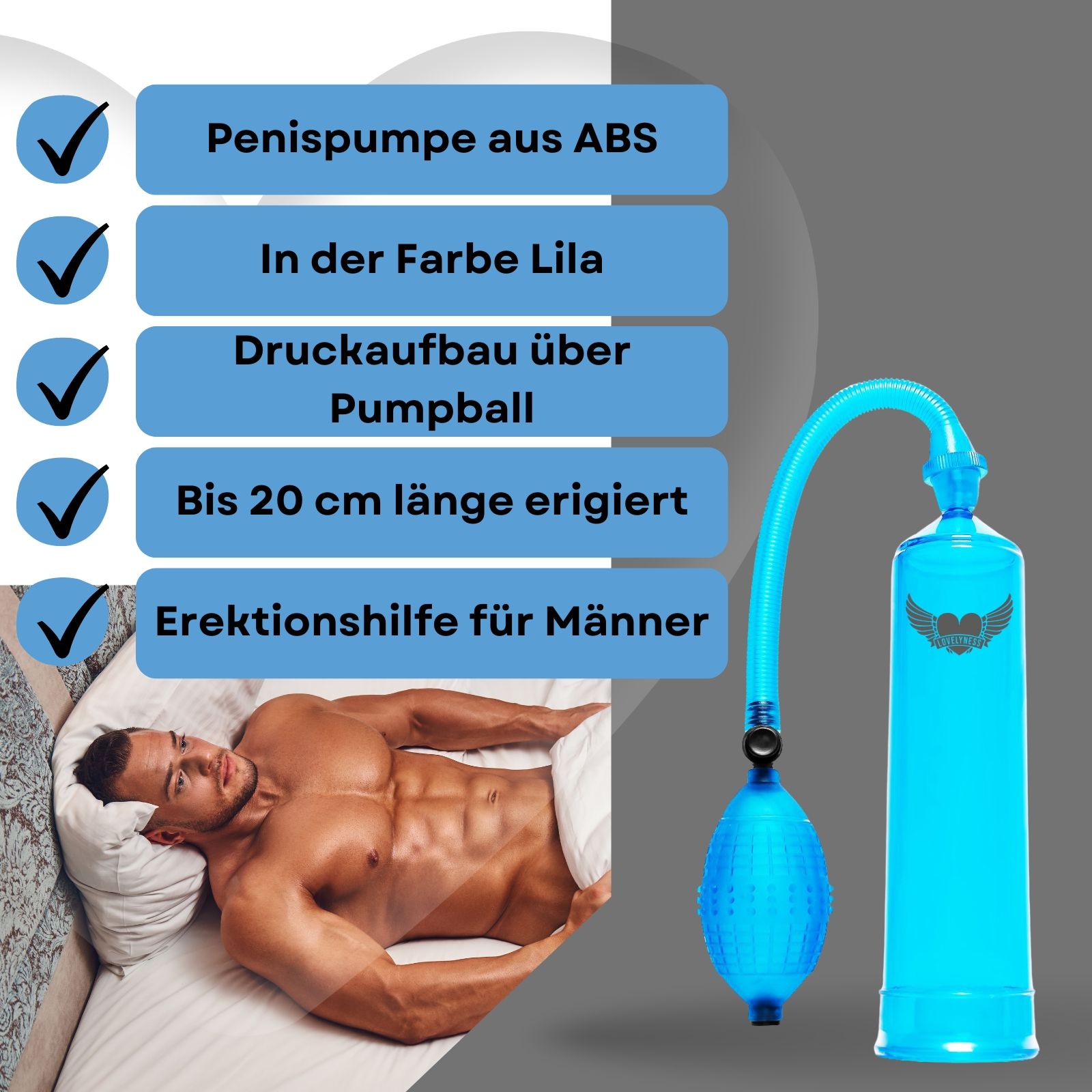 Penis-Pumpe, blau, mit Pumpball. Bis 20 cm Länge. Erektionshilfe für Männer.