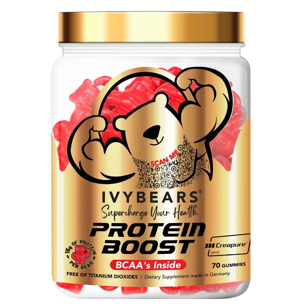 Weißes Glas mit goldfarbenem Deckel, gefüllt mit roten Gummibärchen. Aufschrift: Protein Boost, BCAA's Inside, 70 Gummies.