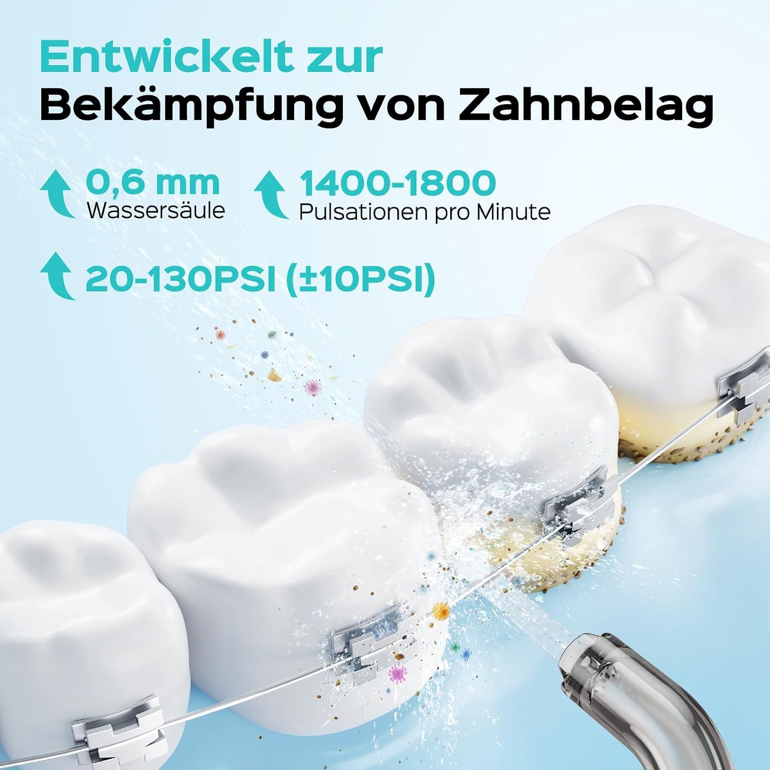 Wasserstrahl reinigt Zahnspangen und Zähne von Plaque.