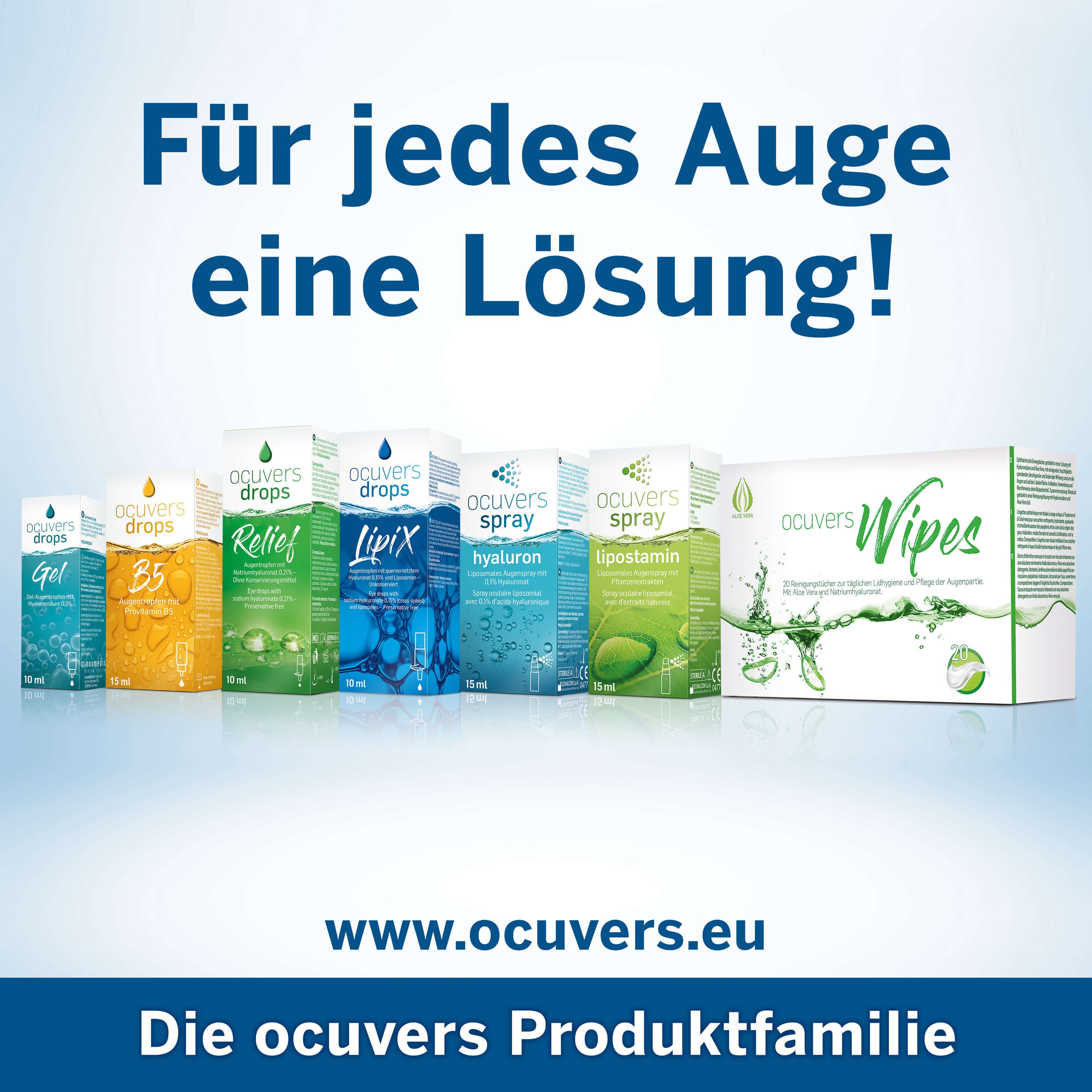 Produktfamilie. Verschiedene Verpackungen. Text: Für jedes Auge eine Lösung! Produktfamilie: ocuvers.
