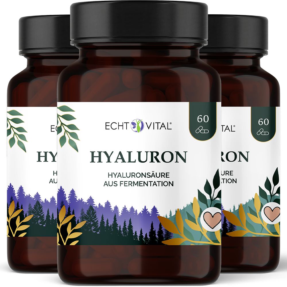 Drei Flaschen Echt Vital Hyaluron mit jeweils 60 Kapseln. Dunkle Glasbehälter mit Etikett, das Hyaluronsäure aus Fermentation zeigt.