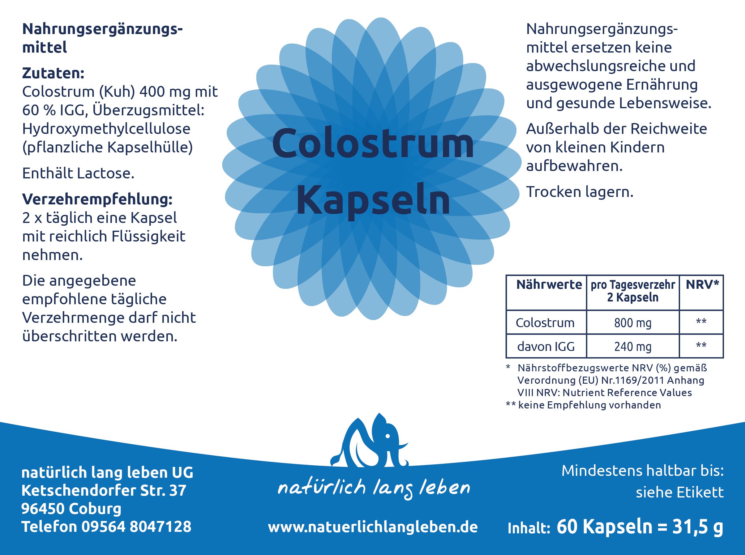 natürlich lang leben Colostrum Kapseln 400 mg 31,5 g