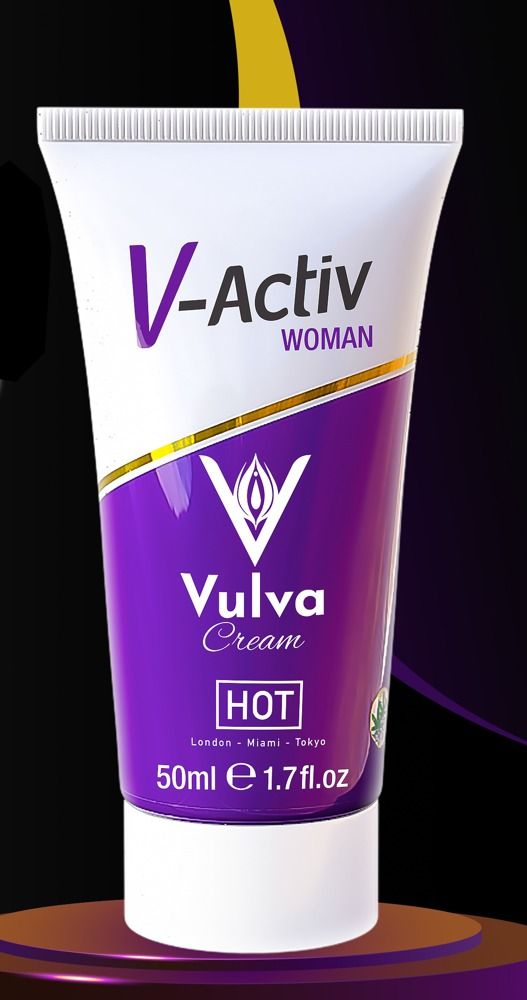 Creme-Tube mit Produktinformationen. Aufschrift: V-Activ Vulva Cream. Lila und weiße Farbgebung. 50ml.