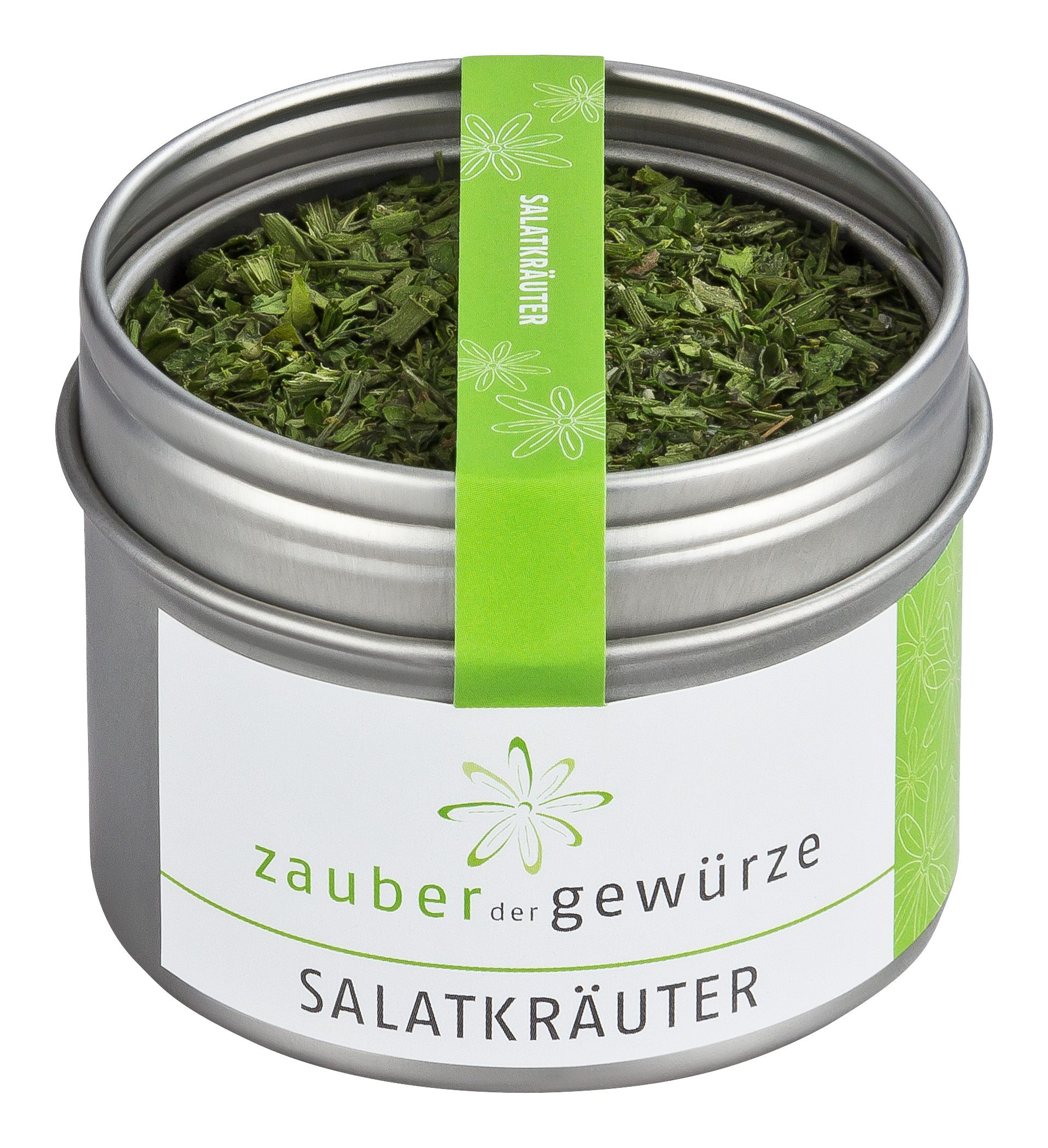Metallbehälter mit Salatkräutern. Aufschrift: Zauber der Gewürze Salatkräuter. Grünes Etikett mit Salatkräuter.