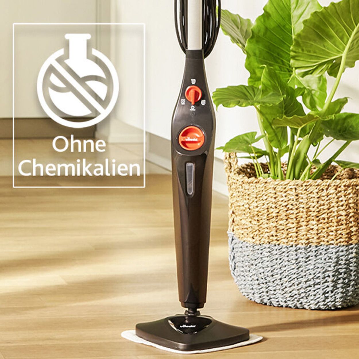 Dampfreiniger, schwarz, mit rotem Knopf. Text: Ohne Chemikalien. Im Hintergrund: Pflanze in Korb.