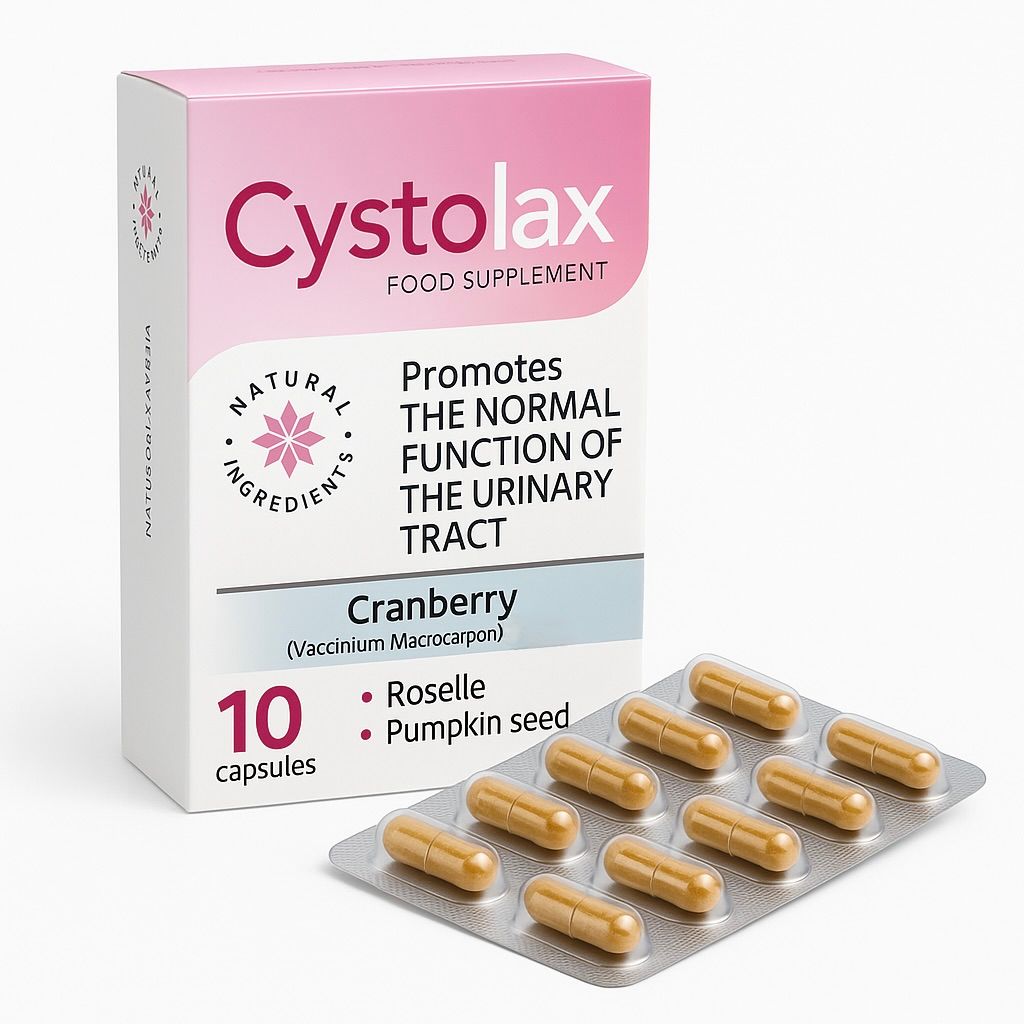 Packung Cystolax mit 10 Kapseln. Enthält Cranberry, Roselle und Kürbiskerne. Fördert die normale Funktion der Harnwege.