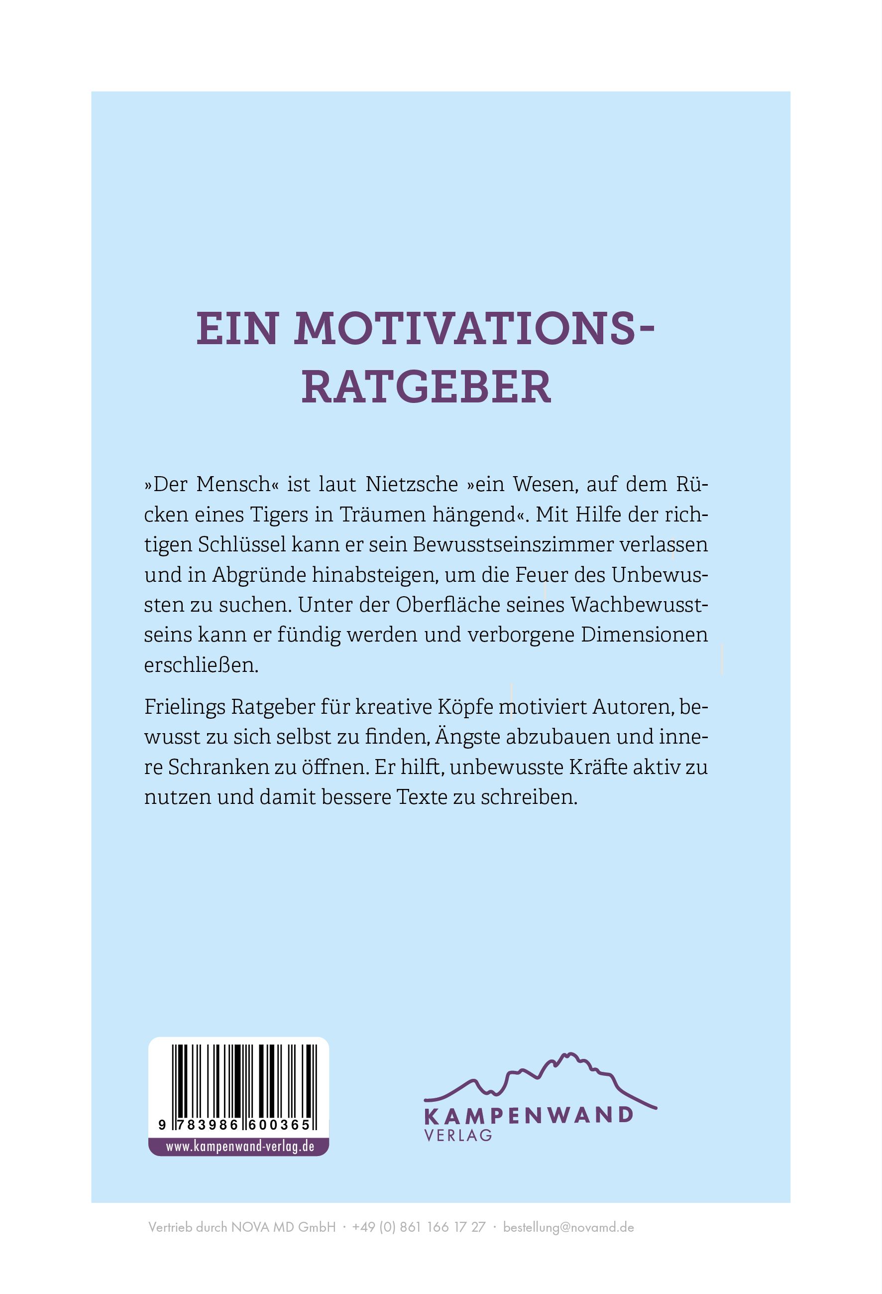 Buchrückseite mit Text: Ein Motivations-Ratgeber. Text über das Buch und den Autor. ISBN-Code und Verlagslogo.