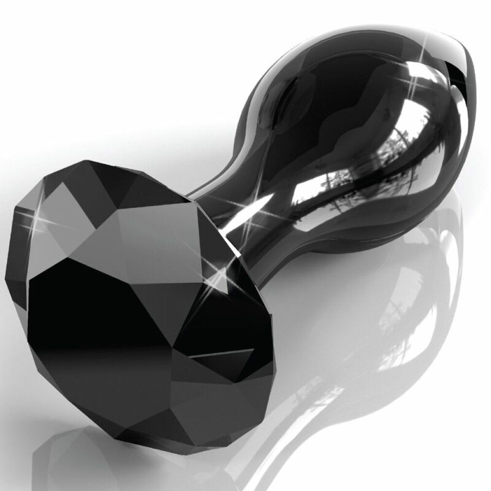 Schwarzer Glas-Analplug mit facettiertem Sockel. Glänzende Oberfläche.