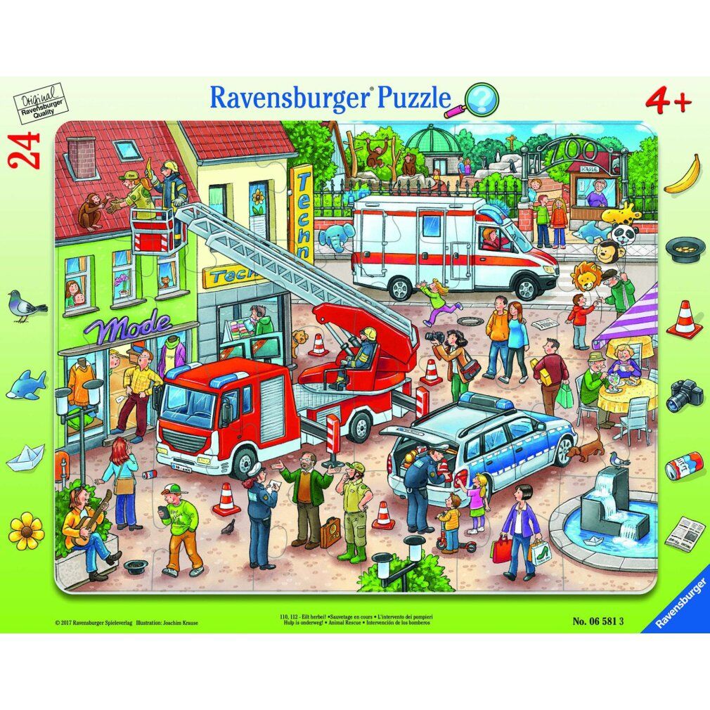 Rahmenpuzzle mit Stadtmotiv. Feuerwehr, Krankenwagen, Polizei und Menschen. 24 Teile, ab 4 Jahren. Ravensburger Puzzle.