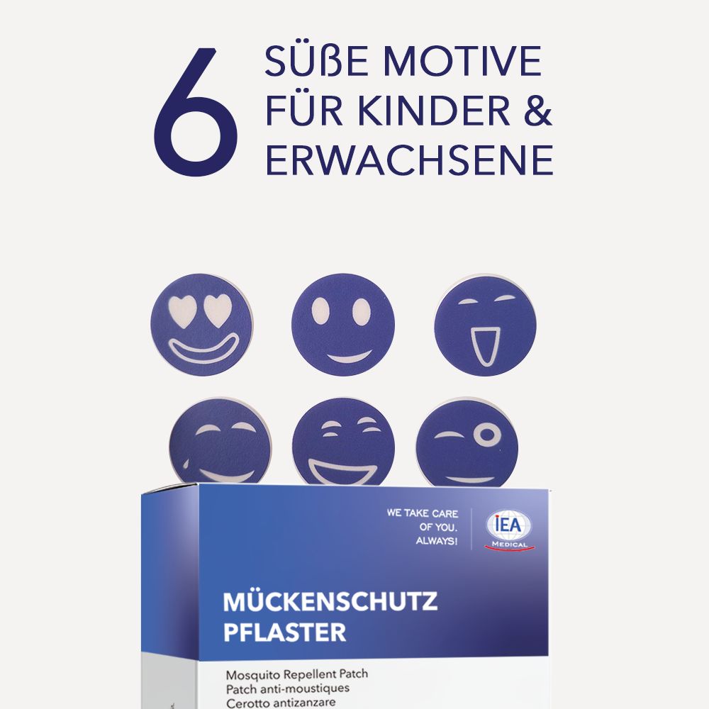 Sechs blaue Smiley-Pflaster auf einer Schachtel. Text: Süße Motive für Kinder & Erwachsene. IEA Medical Logo.