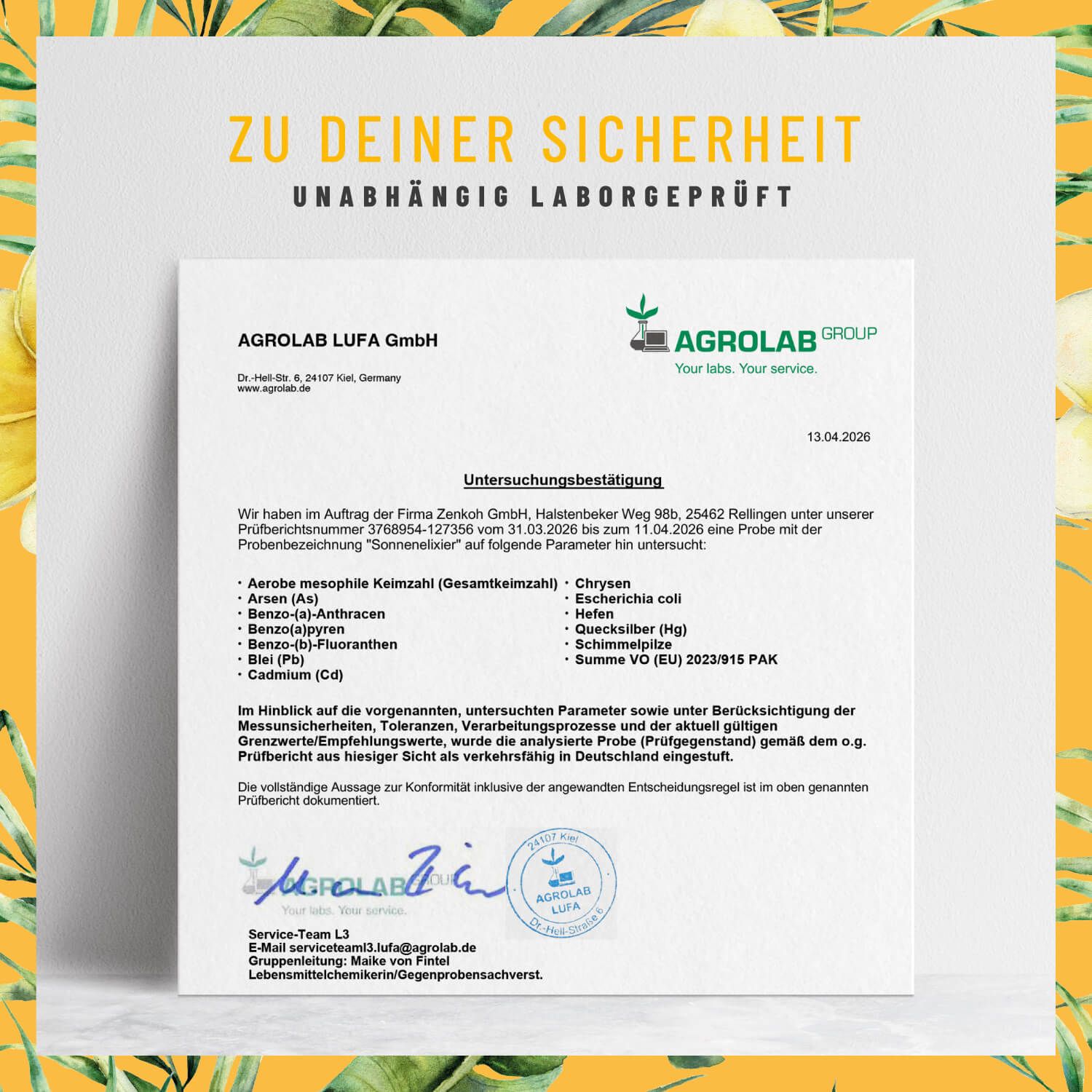Zertifizierungsdokument der Agrolab LUFA GmbH. Untersucht Parameter wie Aerobe mesophile Keimzahl, Arsen, etc. Unabhängig geprüft.