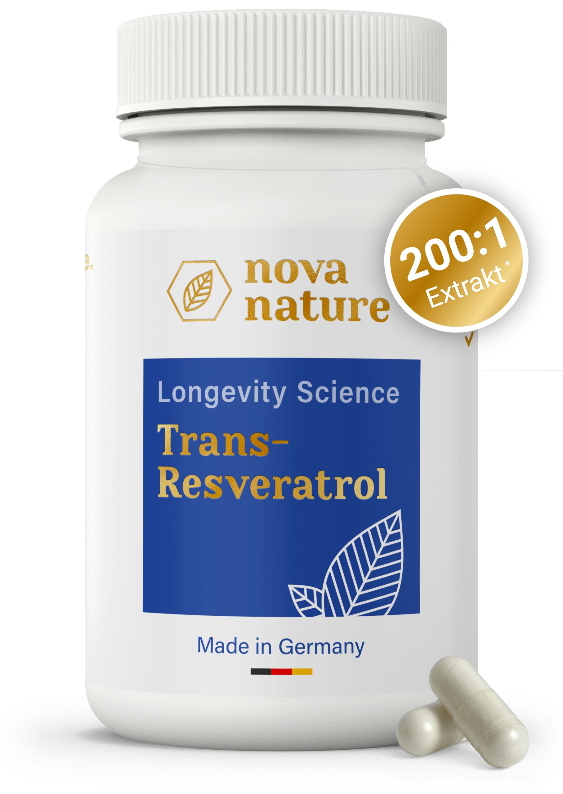 Weiße Kapseln neben einer weißen Flasche mit Etikett. Auf dem Etikett steht "Trans-Resveratrol" und "Nova Nature".