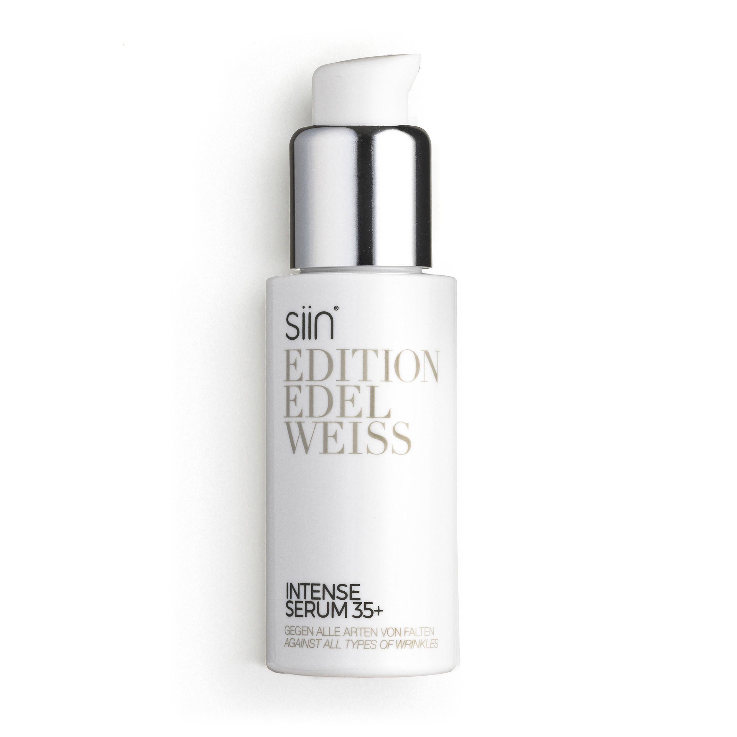 Weiße Flasche mit silbernem Pumpkopf. Produktname und Text. Text: Intense Serum 35+ gegen Falten.