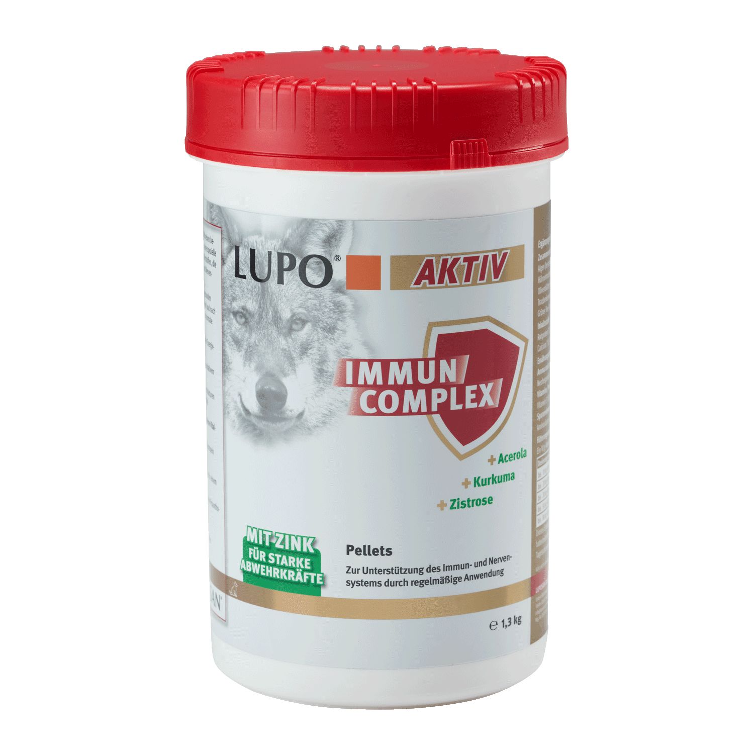 Weißer Behälter mit rotem Deckel. Aufschrift: LUPO AKTIV IMMUN COMPLEX. Enthält Pellets. Mit Zink. 1,5 kg.
