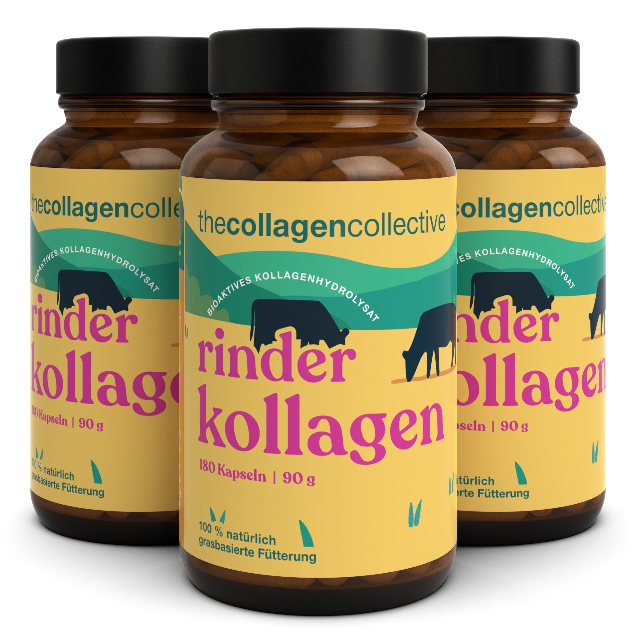 Drei braune Flaschen mit schwarzen Deckeln. Auf den Etiketten steht "Rinder Kollagen" und "thecollagencollective".