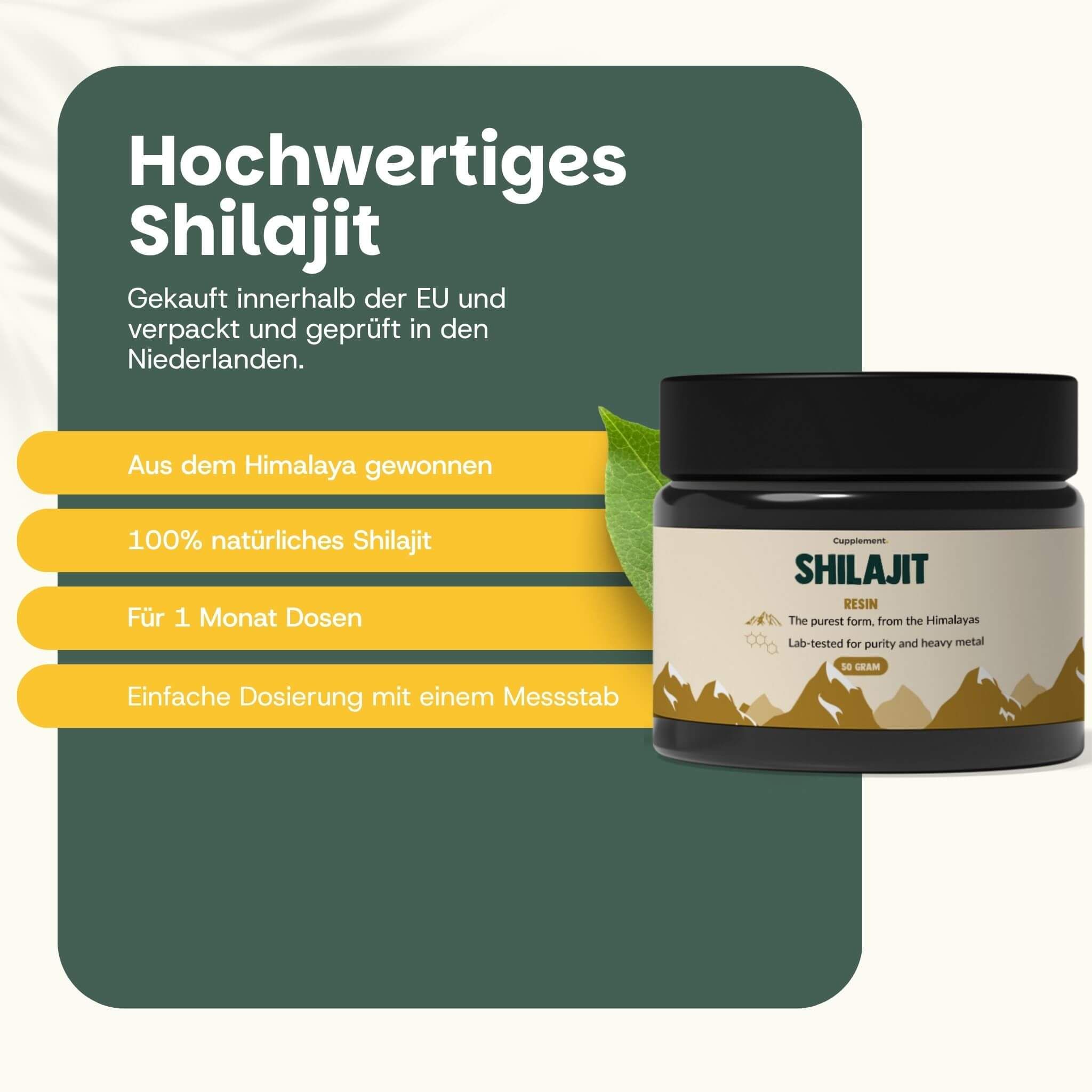 Glas mit Shilajit. Text: Hochwertiges Shilajit. Aus dem Himalaya. 100% natürliches Shilajit. Für 1 Monat.