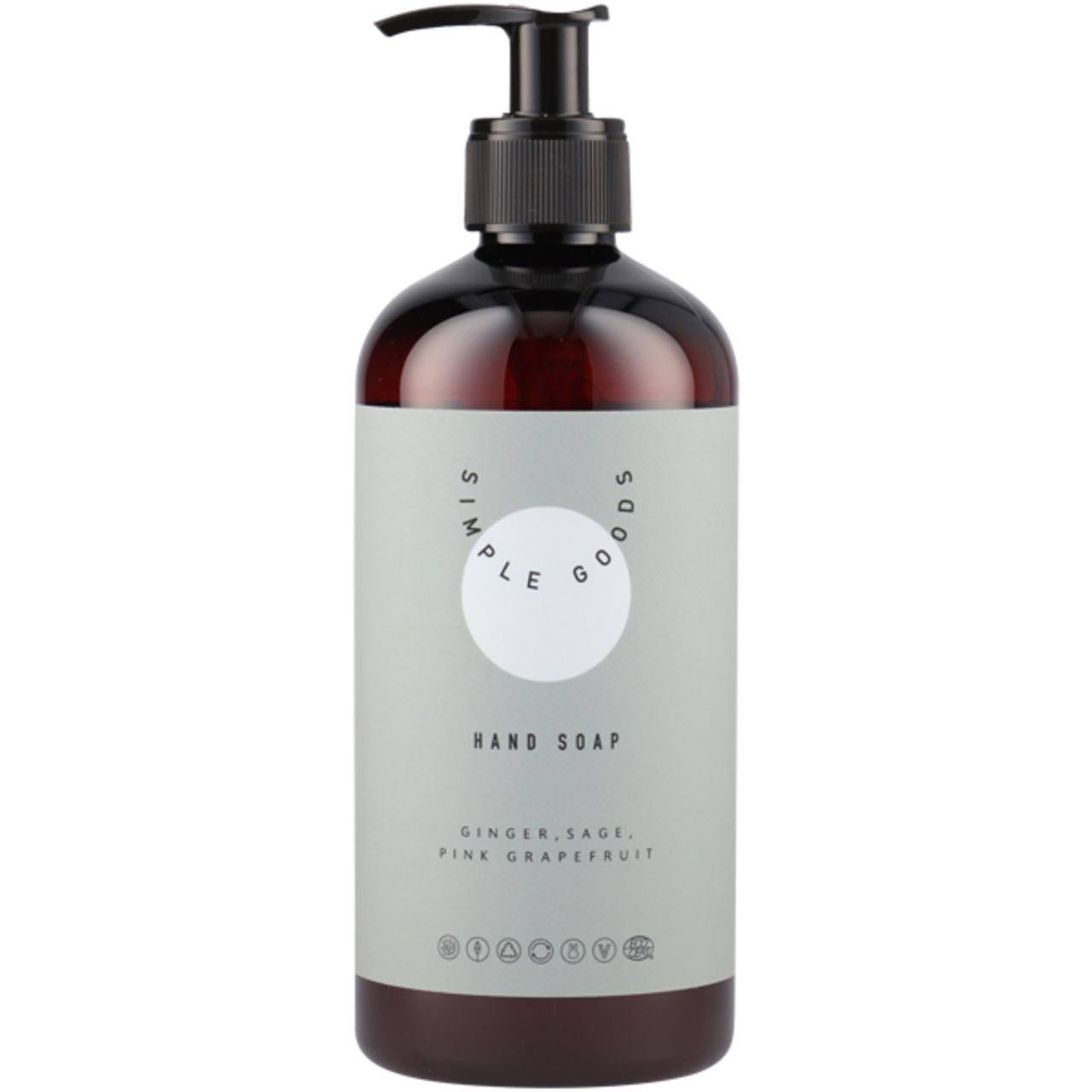 Braune Flasche mit schwarzem Spender. Aufkleber mit Text: Hand Soap, Ginger, Sage, Pink Grapefruit. Marke: Simple Goods.