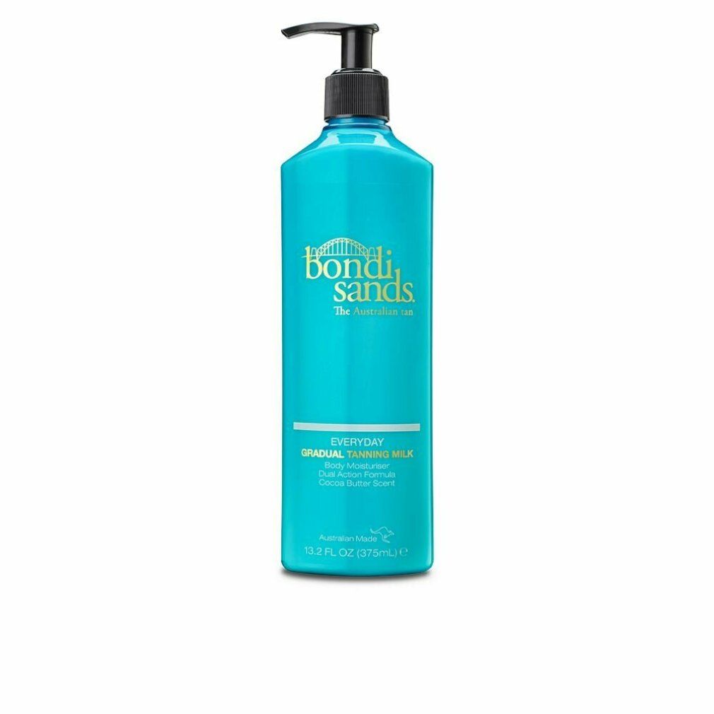 Türkisfarbene Flasche mit schwarzem Pumpkopf. Aufschrift: Bondi Sands Everyday Gradual Tanning Milk. Volumen: 13.2 fl oz (375mL).