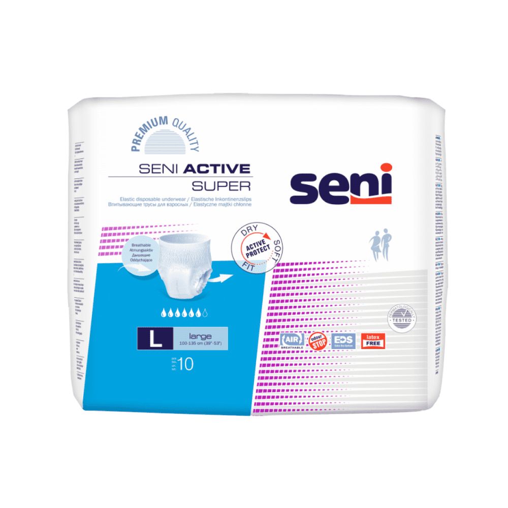 Verpackung Seni Active Super Large a10. Weiße Verpackung mit Produktabbildung, Logo und Größenangabe L. Aufdrucke: Dry Active Fit, Air, EDS.