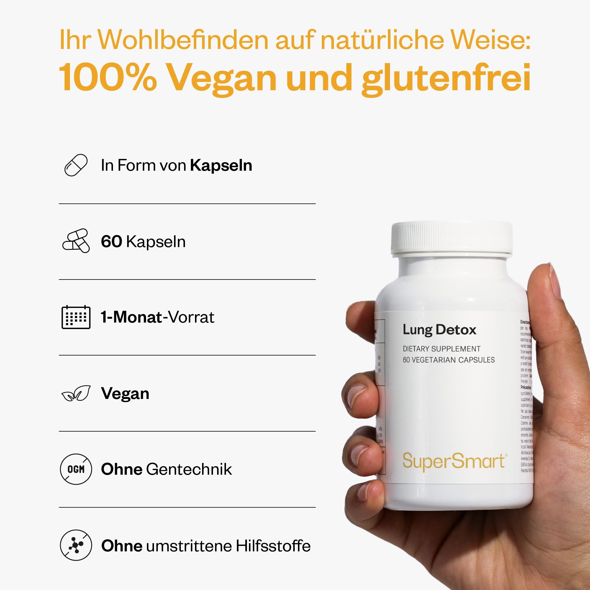 Person hält weiße Flasche Lung Detox. 60 Kapseln, 1-Monats-Vorrat. Vegan, ohne Gentechnik. Marke: SuperSmart. Glutenfrei.