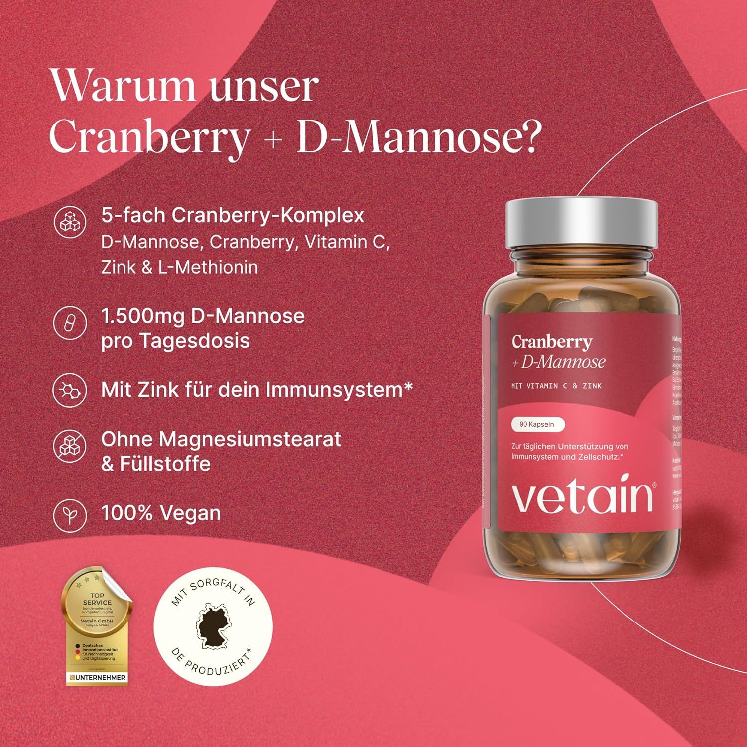 Vetain Cranberry + D-Mannose: Flasche neben Infografik mit Vorteilen wie 5-fach Komplex, 1500mg D-Mannose, vegan.