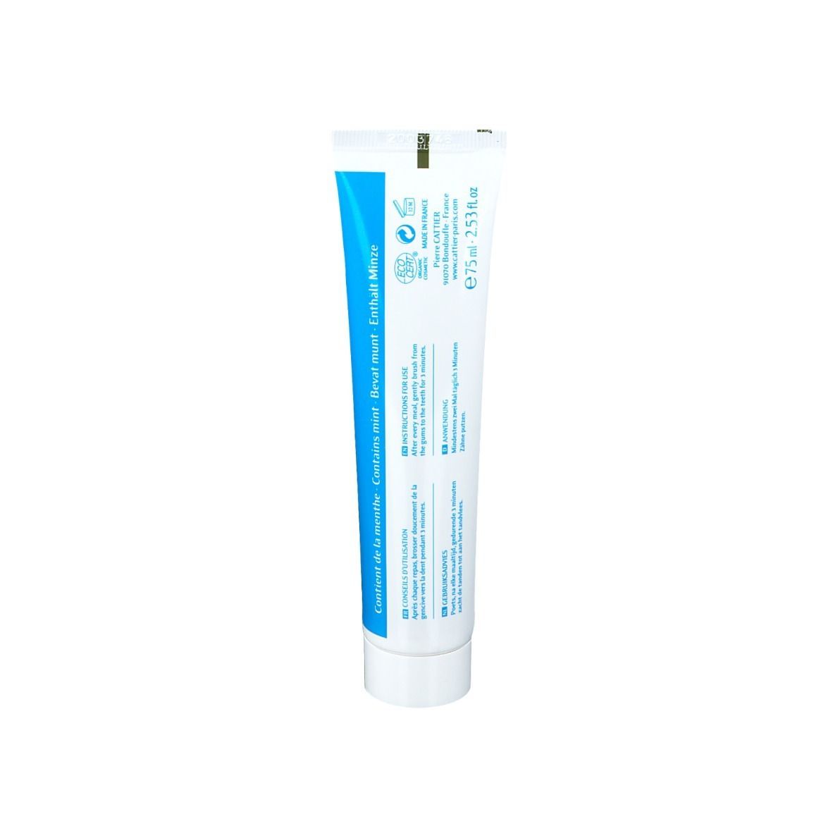 Rückseite der Zahncreme-Tube. Text: Inhaltsstoffe, Herstellerinformationen, E 75 ml.