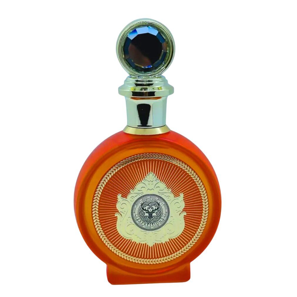 Orangefarbener runder Parfümflakon mit goldener Kappe und blauem Schmuckstein.