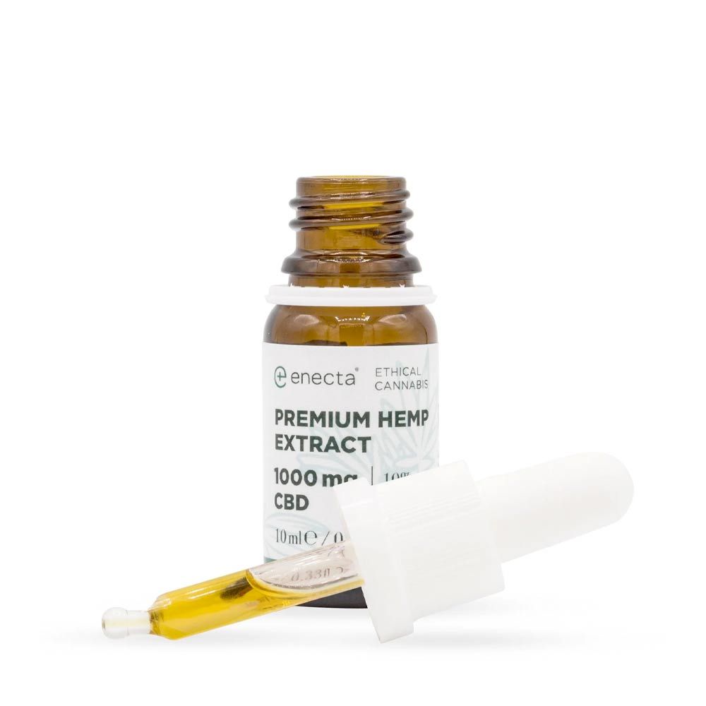 Braune Glasflasche mit Pipette, Aufschrift "Enecta Premium Hemp Extract 10% CBD".