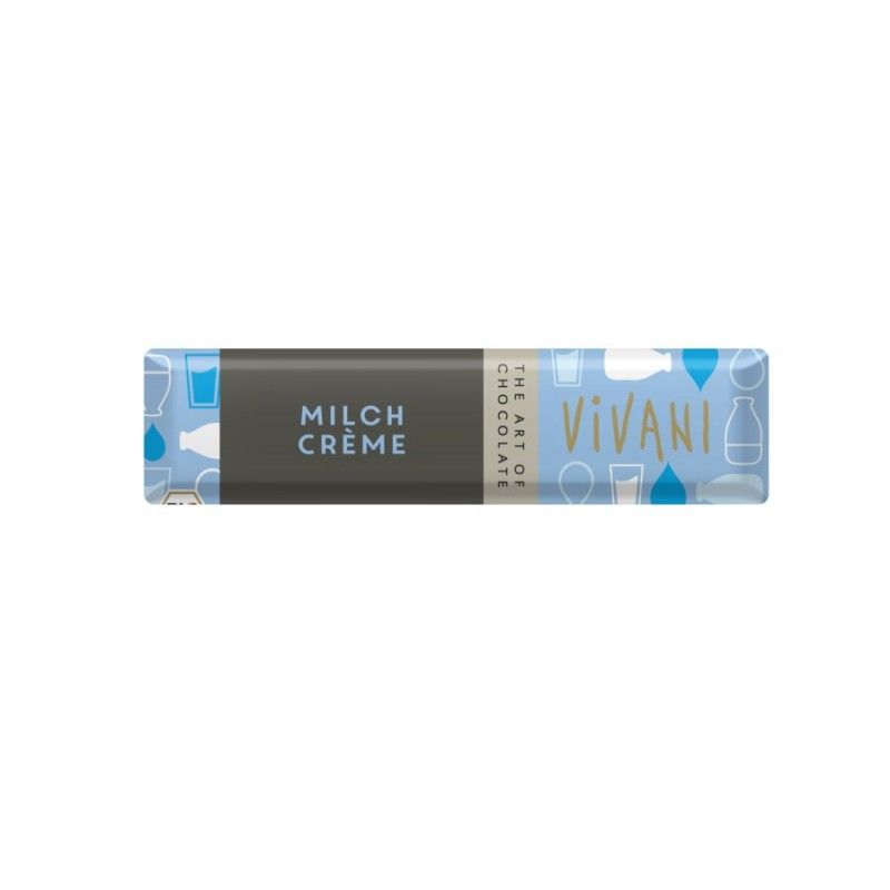 Vivani Milch Crème Riegel. Rechteckige Verpackung mit blauem Muster und Schriftzug. Dunkelgraues Feld mit "Milch Crème".