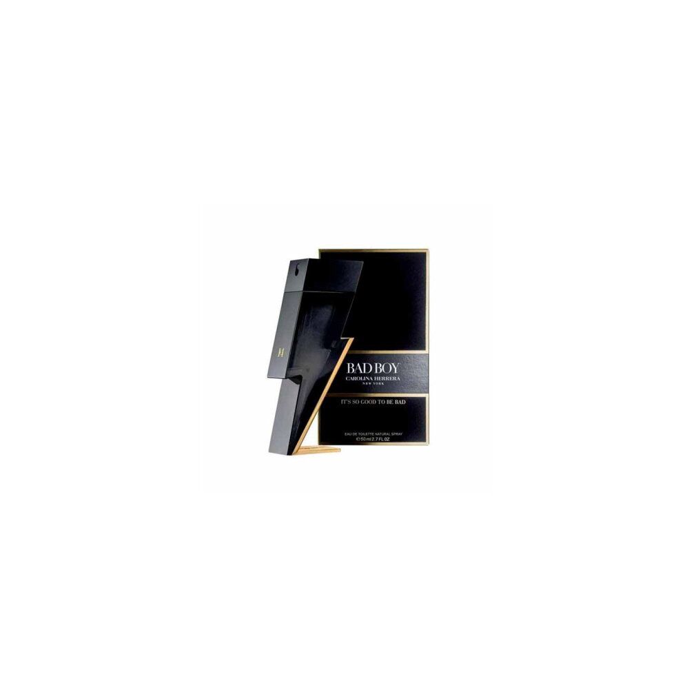 Flakon und Verpackung. Flakon in Blitzform, Verpackung mit 'BAD BOY' Schriftzug. Schwarze Farbe.