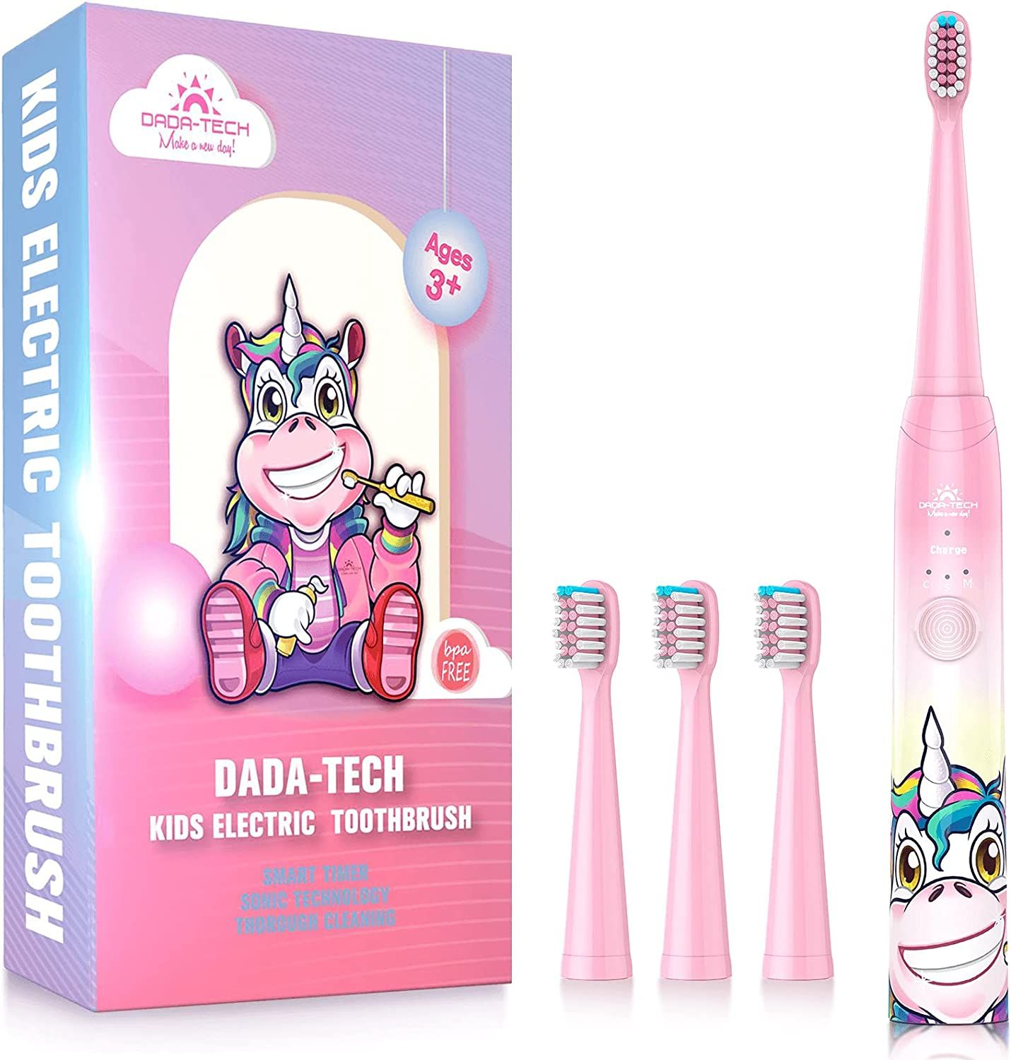 Rosa elektrische Kinderzahnbürste mit Einhorn-Design, 3 Ersatzbürstenköpfe und Verpackung. Altersempfehlung: 3+