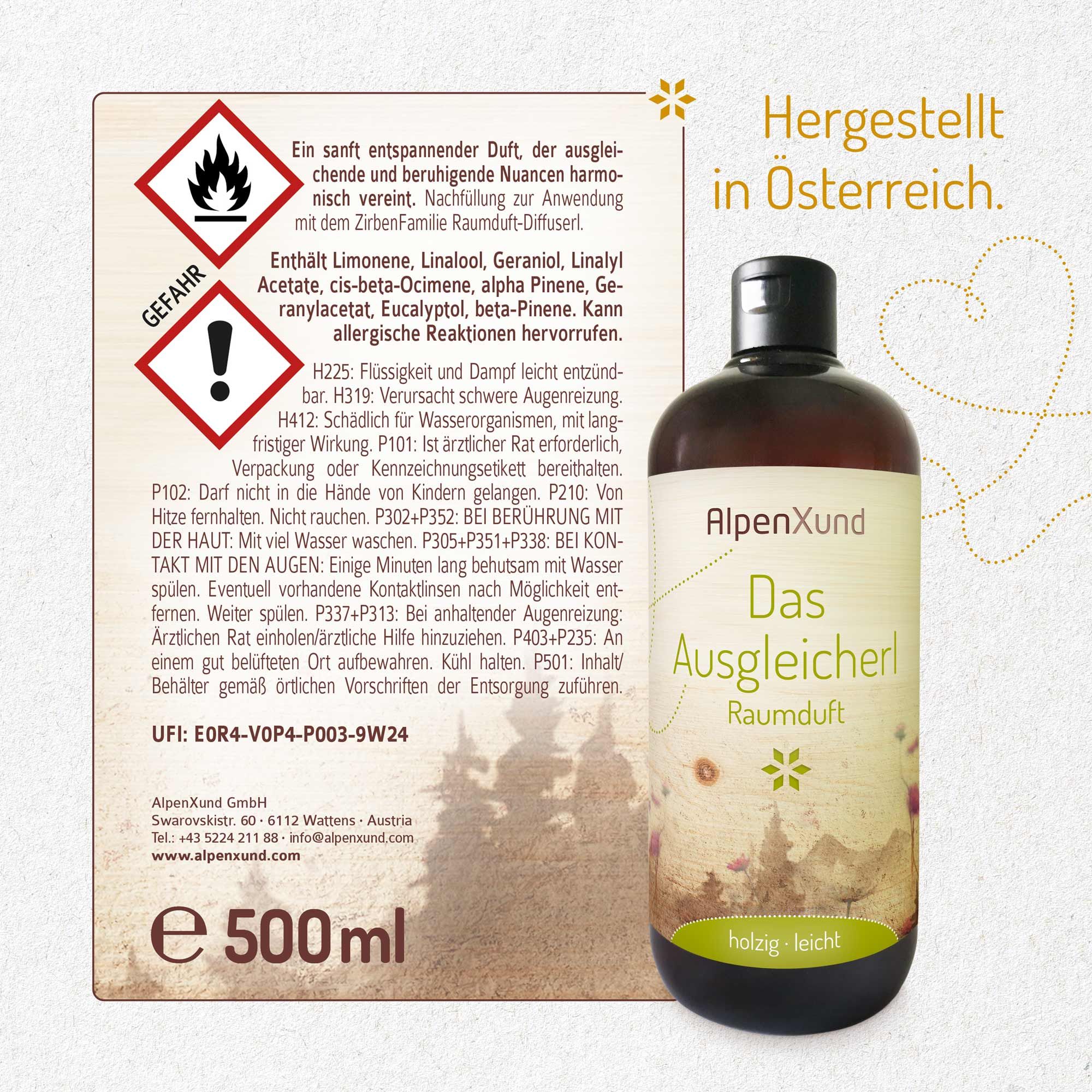 Braune Flasche mit schwarzem Deckel. Aufschrift: AlpenXund Das Ausgleicherl Raumduft. Etikett mit floralem Design. Holzige, leichte Duftnote. 500ml.