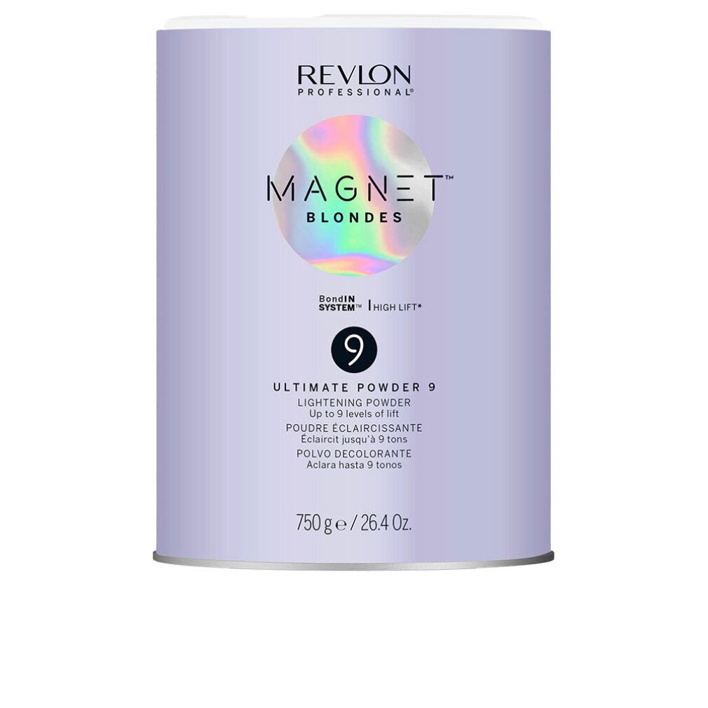 Zylindrische Dose mit Produkt. Aufschrift: Revlon Professional, Magnet Blondes, Ultimate Powder 9. Inhalt: 750g/26.4 Oz.