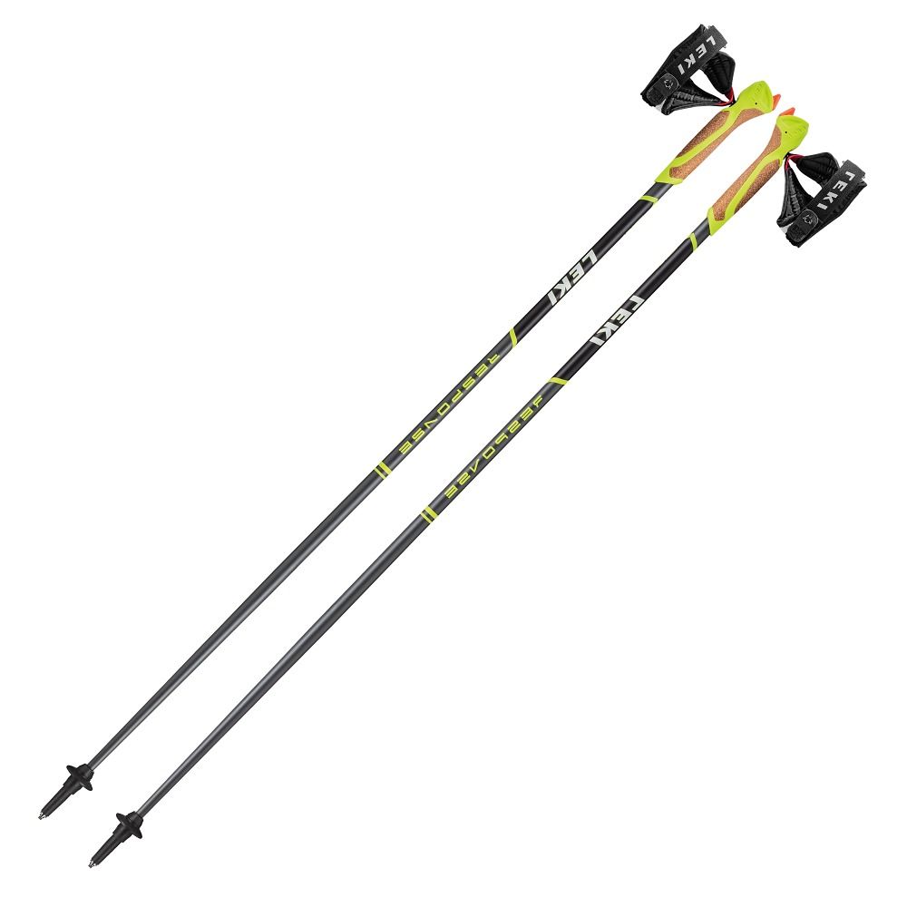 Zwei Nordic-Walking-Stöcke. Schwarz, gelb und grau. Griffe mit Schlaufen. Marke Leki.