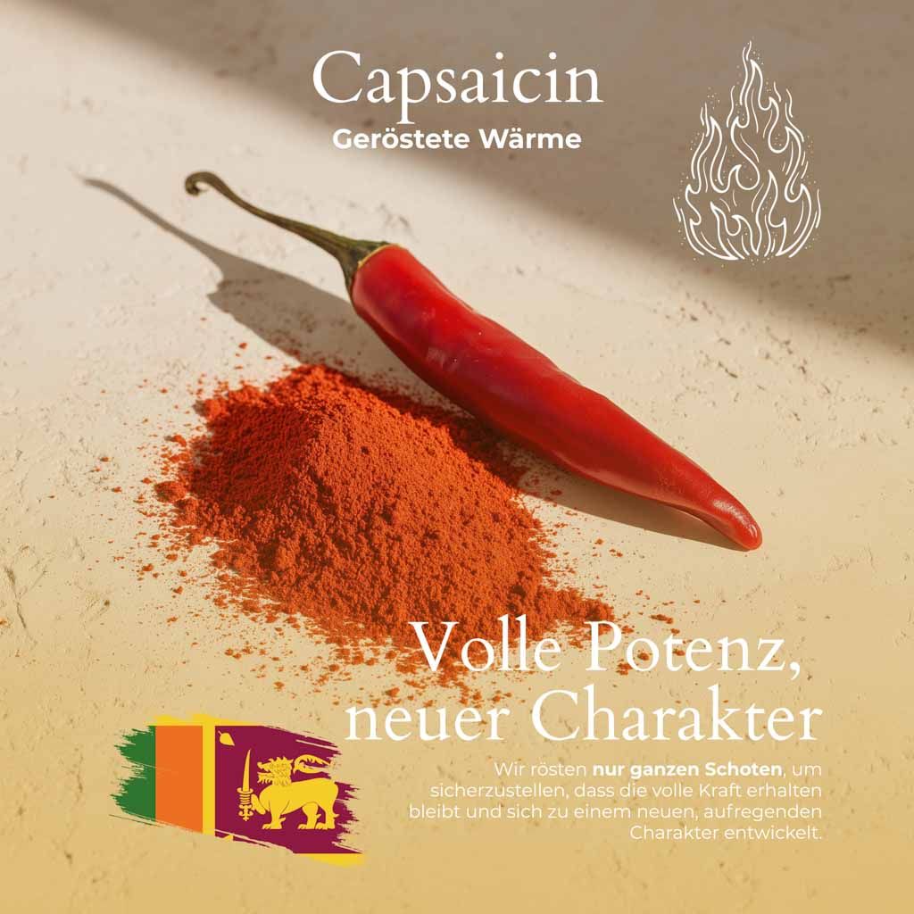Rote Chilischote und geröstetes Chili-Pulver. Text: Capsaicin, geröstete Wärme, volle Potenz, neuer Charakter. Flagge und Wappen von Sri Lanka.