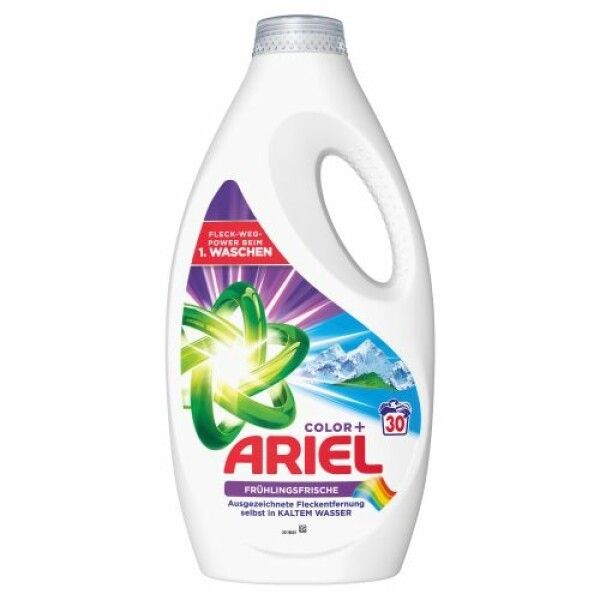 Weiße Flasche Ariel Flüssigwaschmittel Color+. Logo, Schriftzug, und Produktinformationen auf der Vorderseite. Griff und Deckel sichtbar.