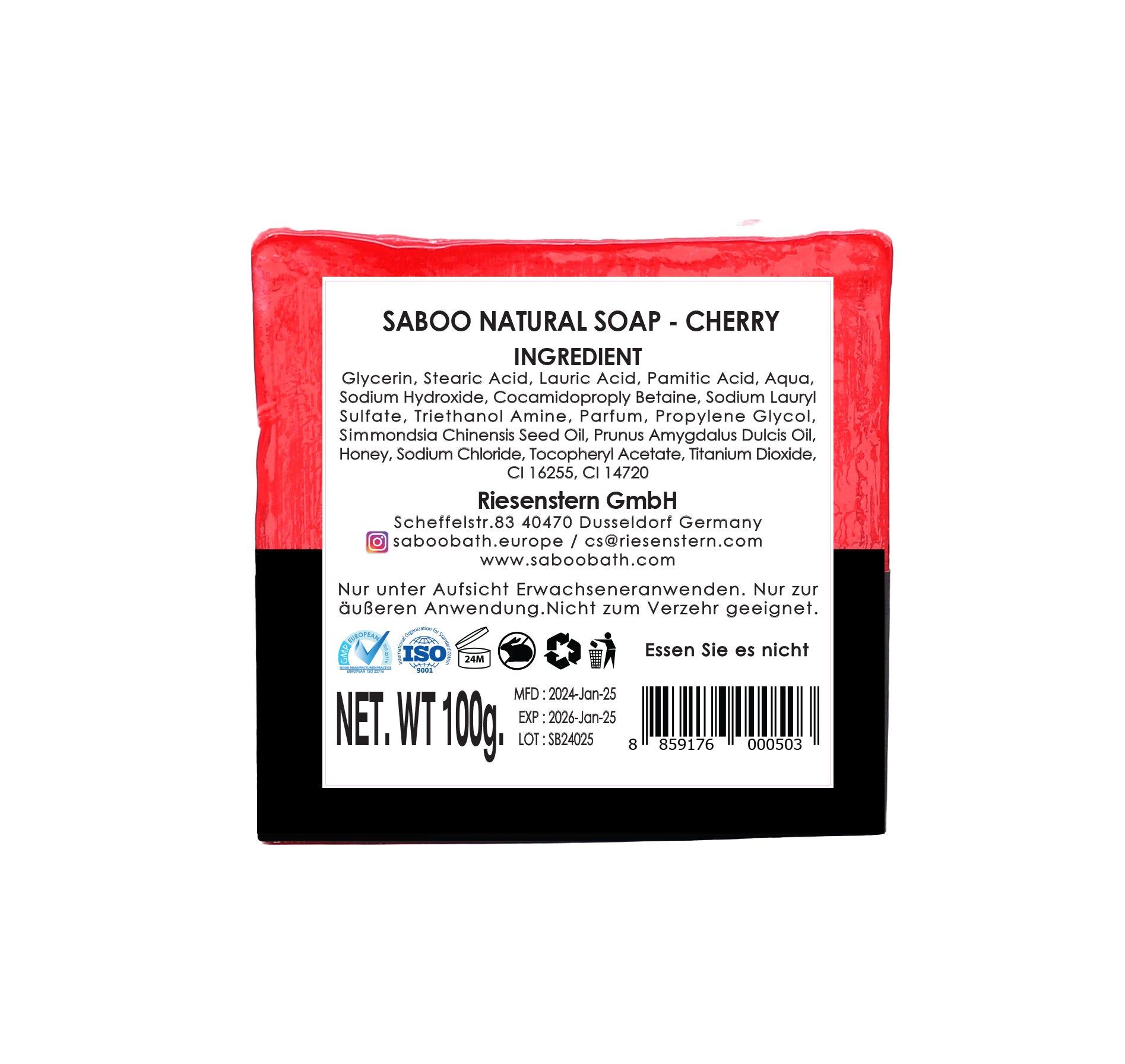 Rückseite der Seife. Saboo Natural Soap - Cherry. Zutatenliste. ISO-Zertifizierung. Netto-Gewicht 100g. Barcode.